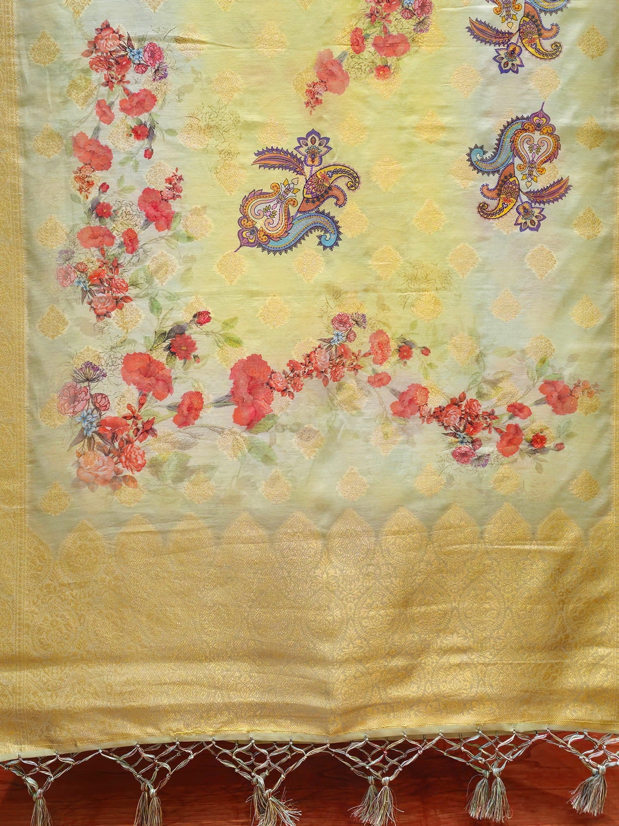 Lemon Yellow Floral Digital Printed Chanderi Stole With Jacquard Zari Butti - Chanderi Stole D. No. 4105 Lemon Yellow Full View Image