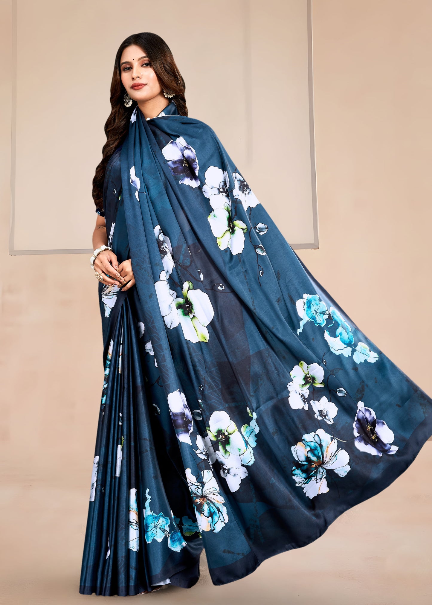Lustrous Teal Satin Saree with Contemporary Floral Motifs