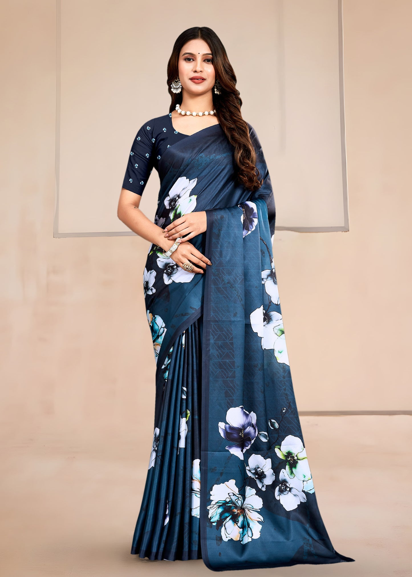 Lustrous Teal Satin Saree with Contemporary Floral Motifs