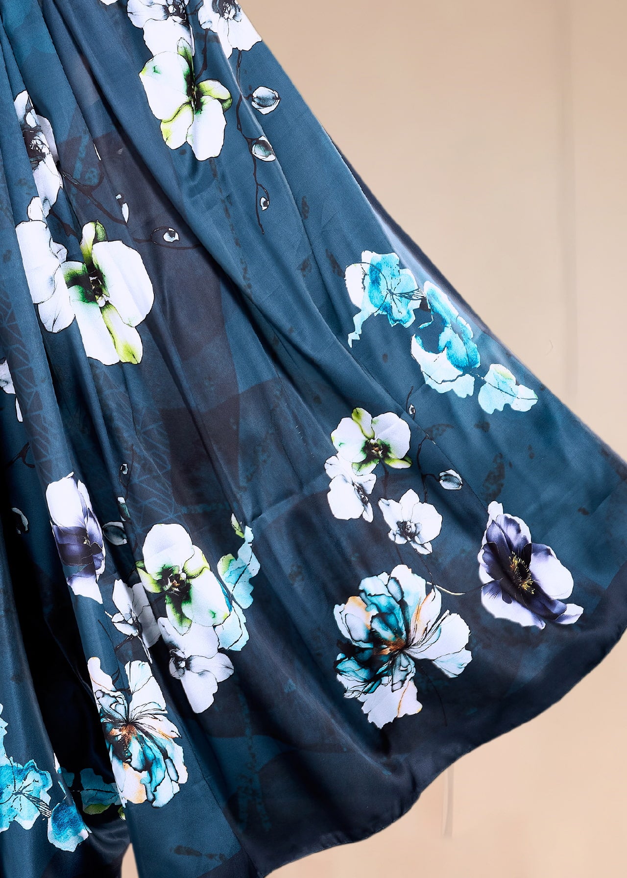 Lustrous Teal Satin Saree with Contemporary Floral Motifs