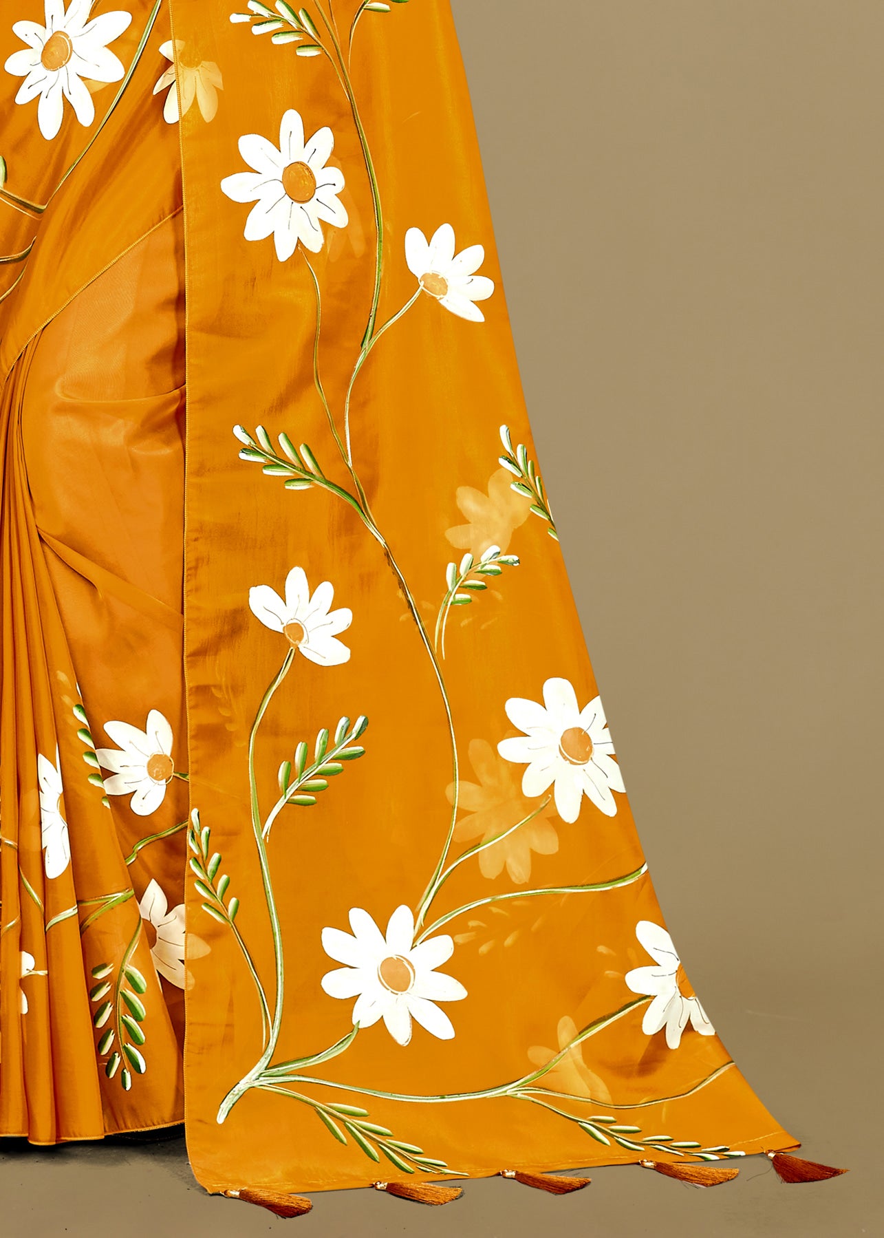 Luxurious Gold Satin Organza Saree with Artistic Floral Hand Painting and Shimmering Foil Highlights - Butterfly Prints 8024 Gold Image 3