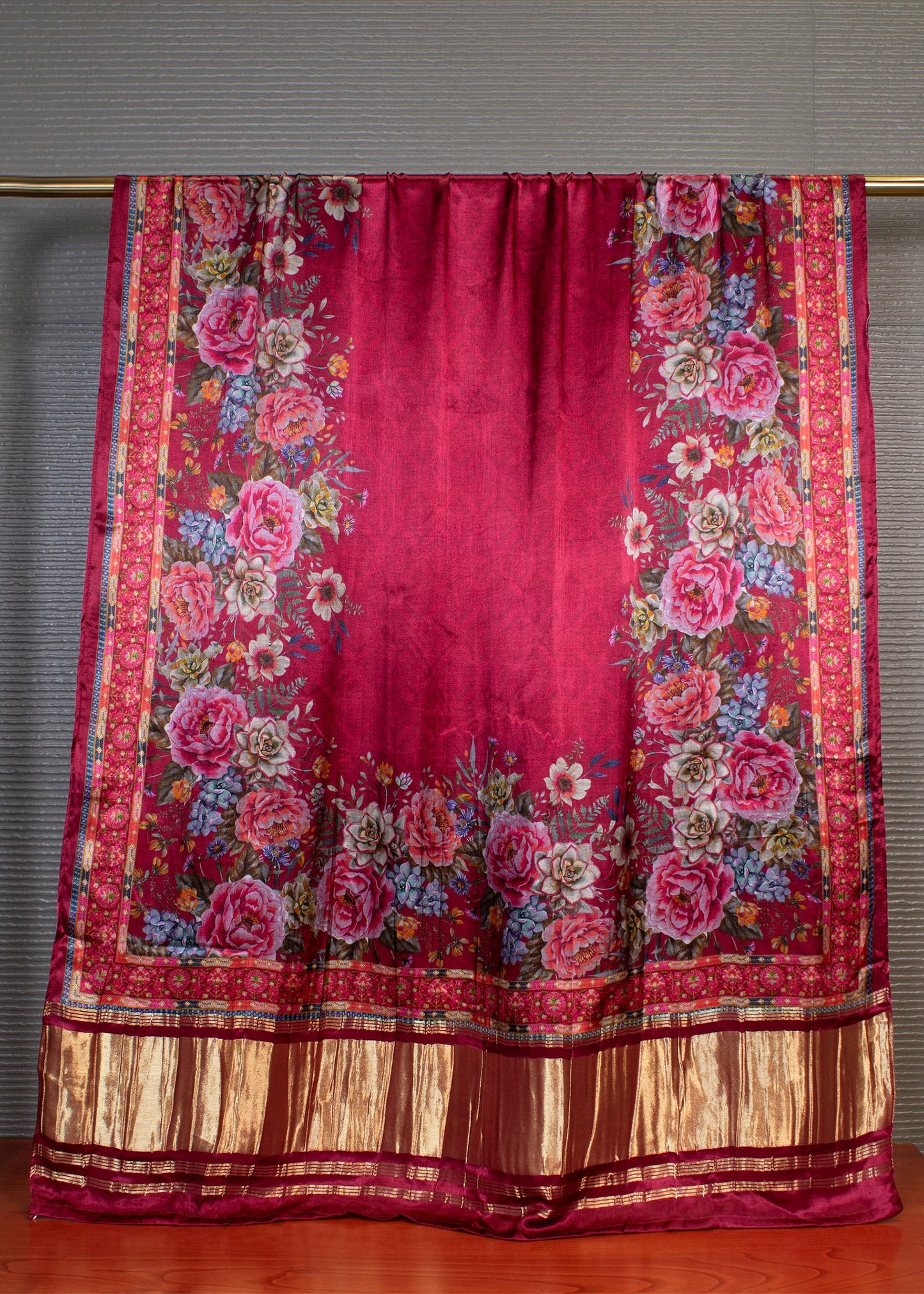 Magenta Gaji Silk Dupatta with Floral Digital Prints and Zari Woven Lagdi Patta Border - Pure Gaji Silk Dupatta 1128 Magenta Full Image