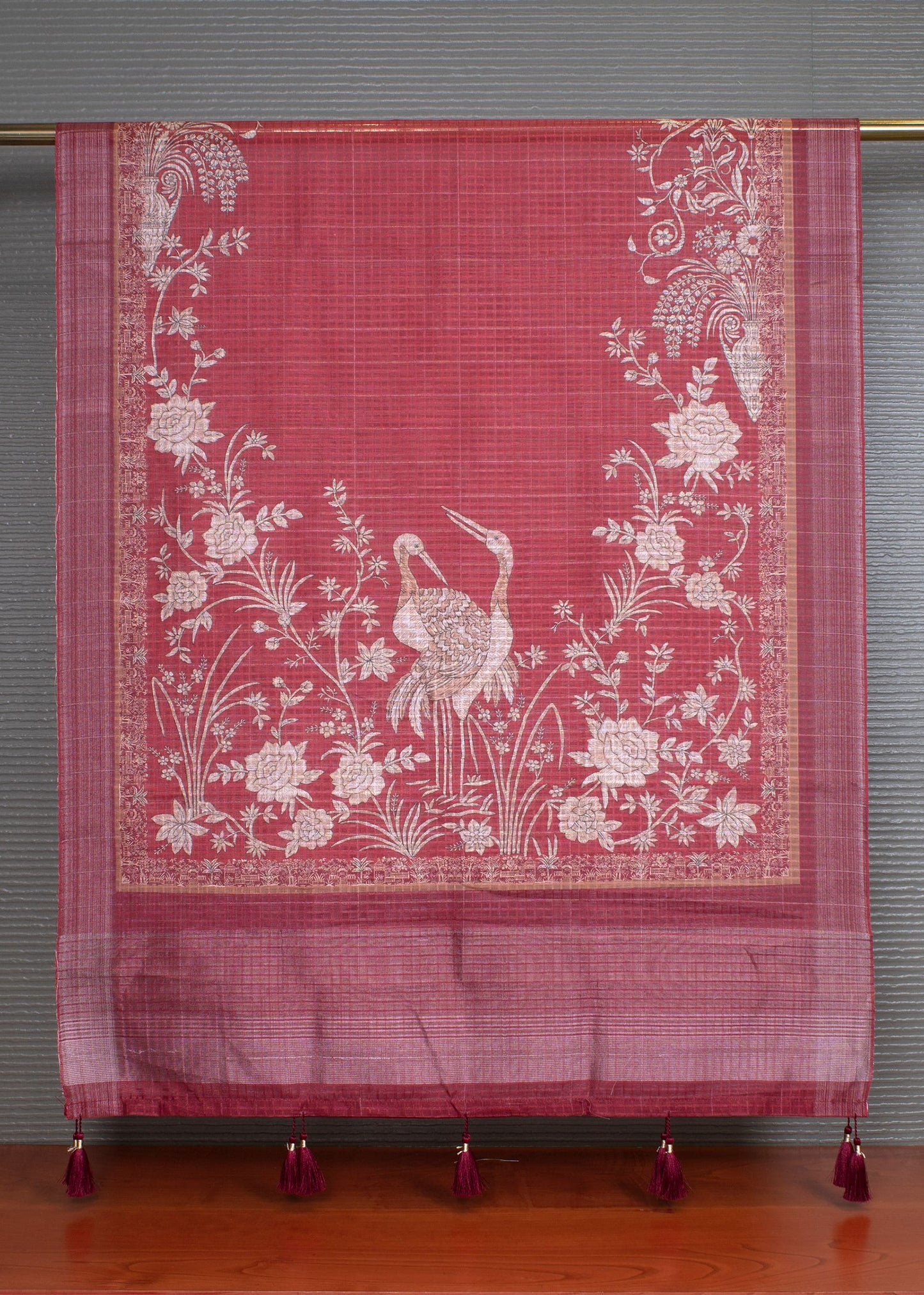 Magenta Linen Dupatta with Vibrant Floral Digital Prints and Graceful Tassels