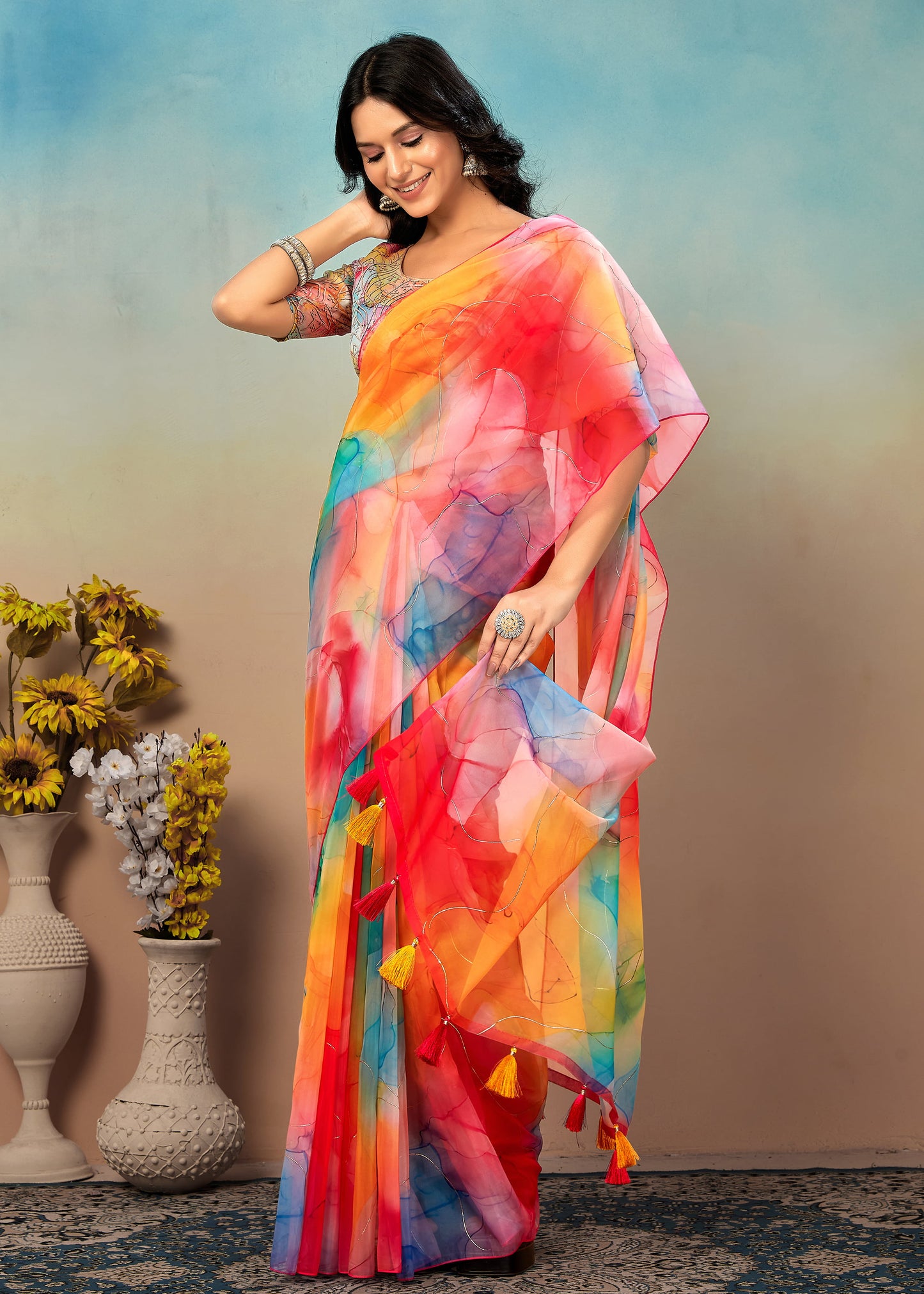 Multicolor Abstract Printed Organza Saree Adorned with Elegant Pitta Embroidery Work - Yamuna Prints 3227 Multicolor 1