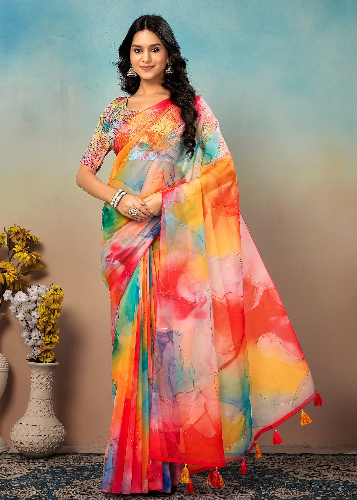 Multicolor Abstract Printed Organza Saree Adorned with Elegant Pitta Embroidery Work - Yamuna Prints 3227 Multicolor 3