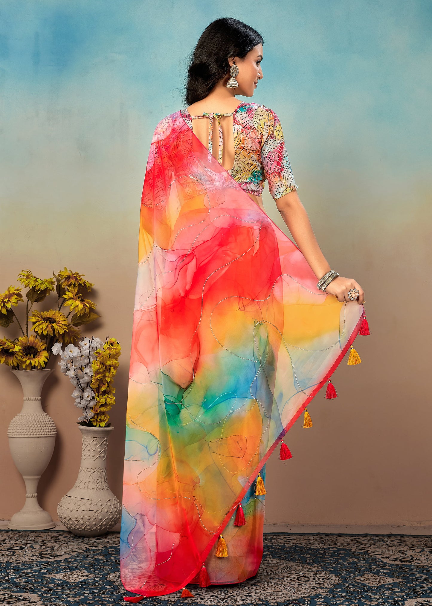 Multicolor Abstract Printed Organza Saree Adorned with Elegant Pitta Embroidery Work - Yamuna Prints 3227 Multicolor 4
