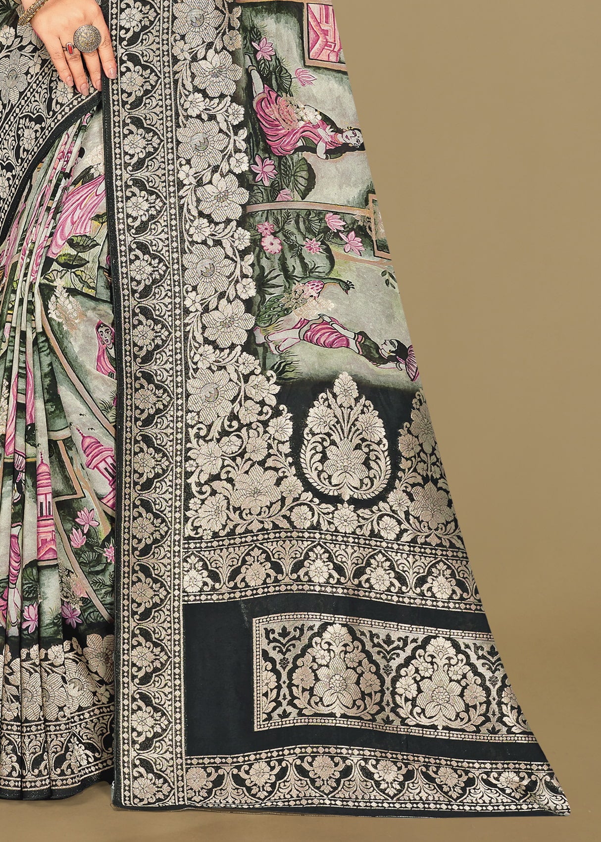 Multicolor Georgette Saree with Ethnic Digital Prints, Elegant Zari Woven Borders, and Butta