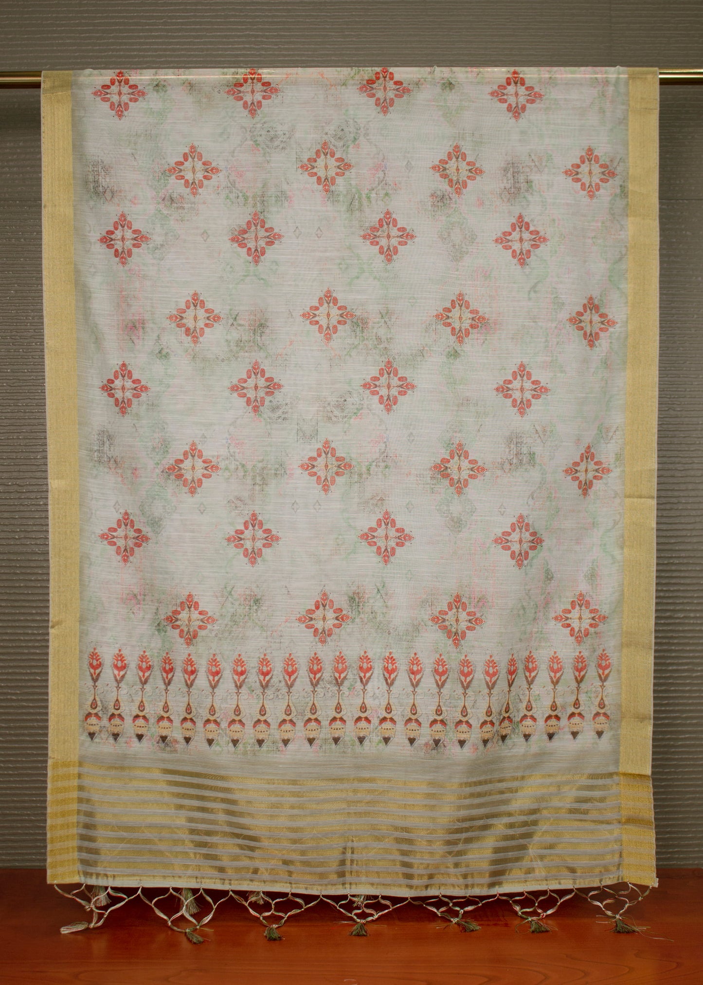 Multicolor Hard Linen Dupatta with Abstract Digital Prints, Zari Woven Border, and Tassel Accents - Hard Linen 2109 Multicolor Second Image