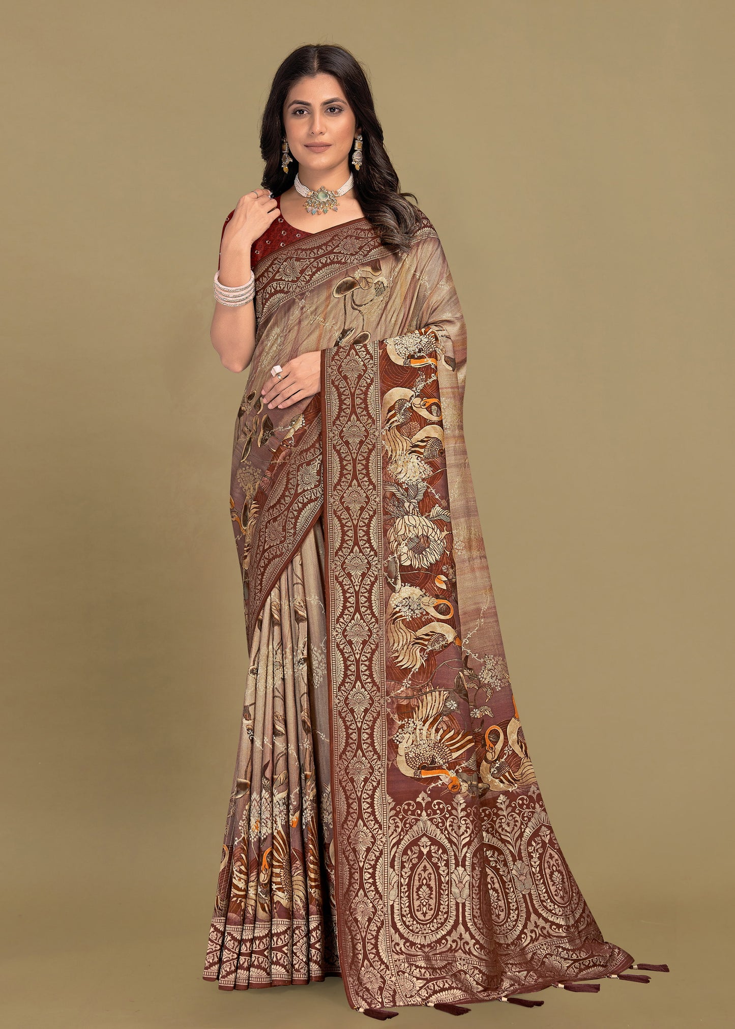 Multicolor Pure Tussar Silk Saree Adorned with Kalamkari Digital Prints, Zari Woven Border, Butta, and Graceful Tassels - Spider Silk 5521 Multicolor Front View