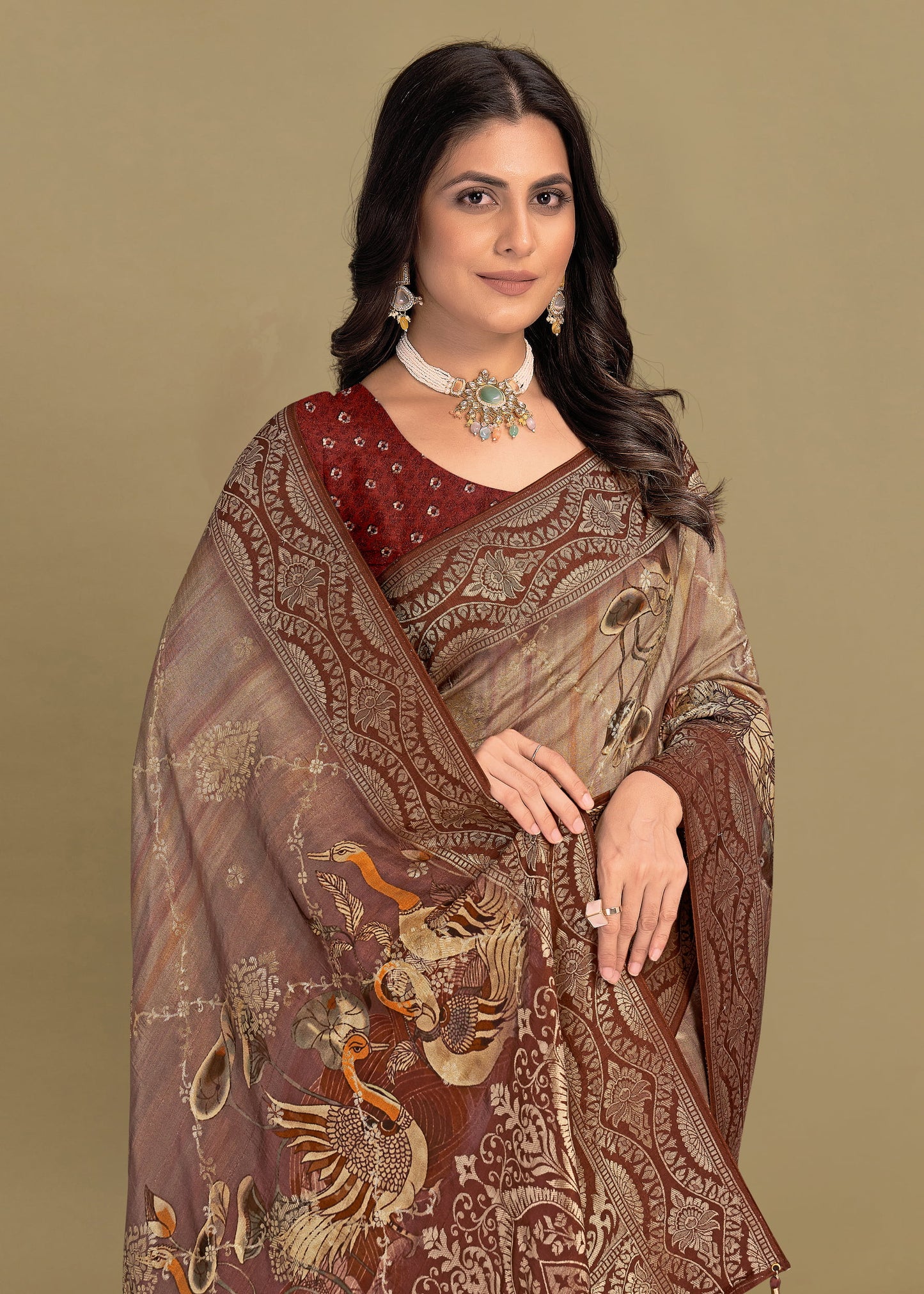 Multicolor Pure Tussar Silk Saree Adorned with Kalamkari Digital Prints, Zari Woven Border, Butta, and Graceful Tassels - Spider Silk 5521 Multicolor Side View