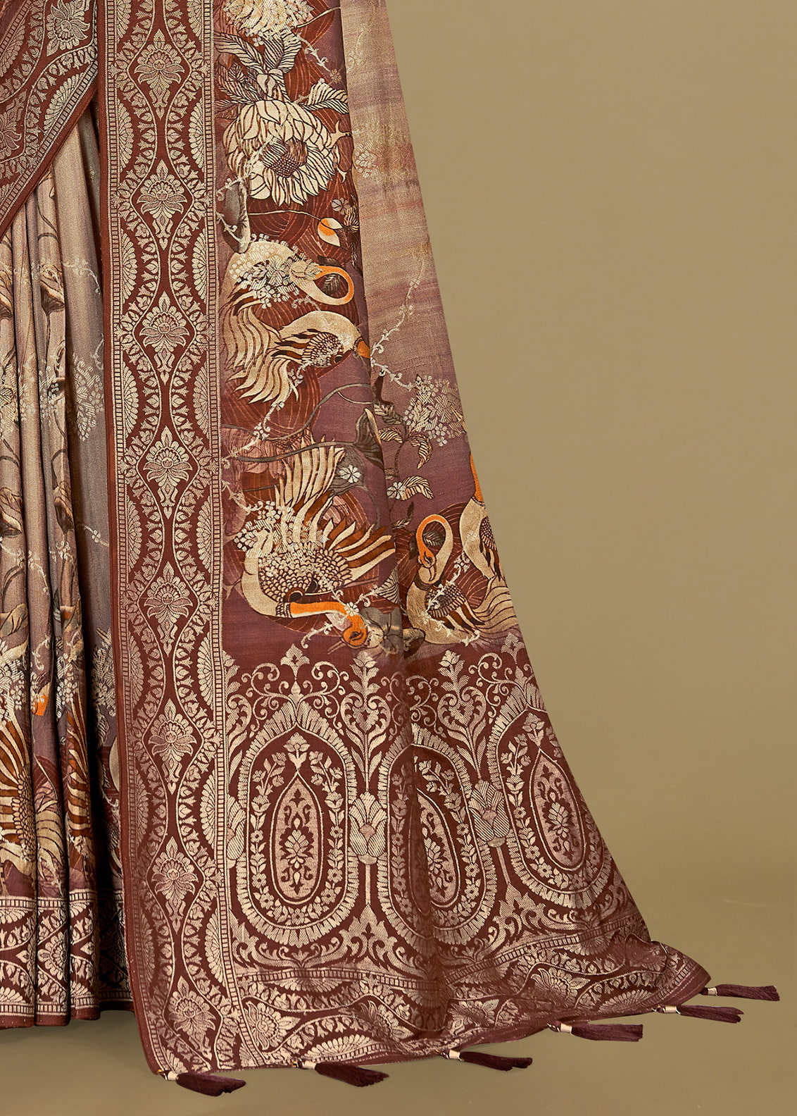 Multicolor Pure Tussar Silk Saree Adorned with Kalamkari Digital Prints, Zari Woven Border, Butta, and Graceful Tassels - Spider Silk 5521 Multicolor Pallu View
