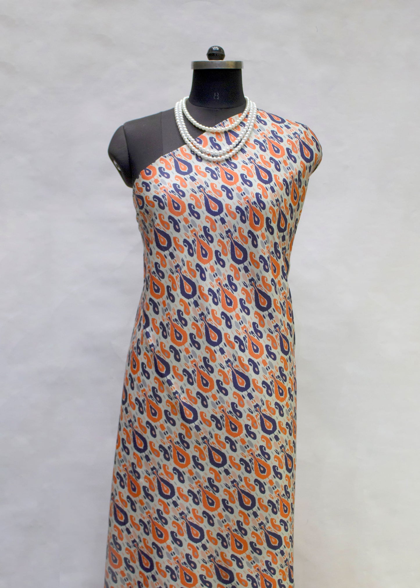 Navy Blue and Orange Paisley Design Printed on off White Cotton Fabric - Cotton Fabric D.No. 3026 Off White Full Image View