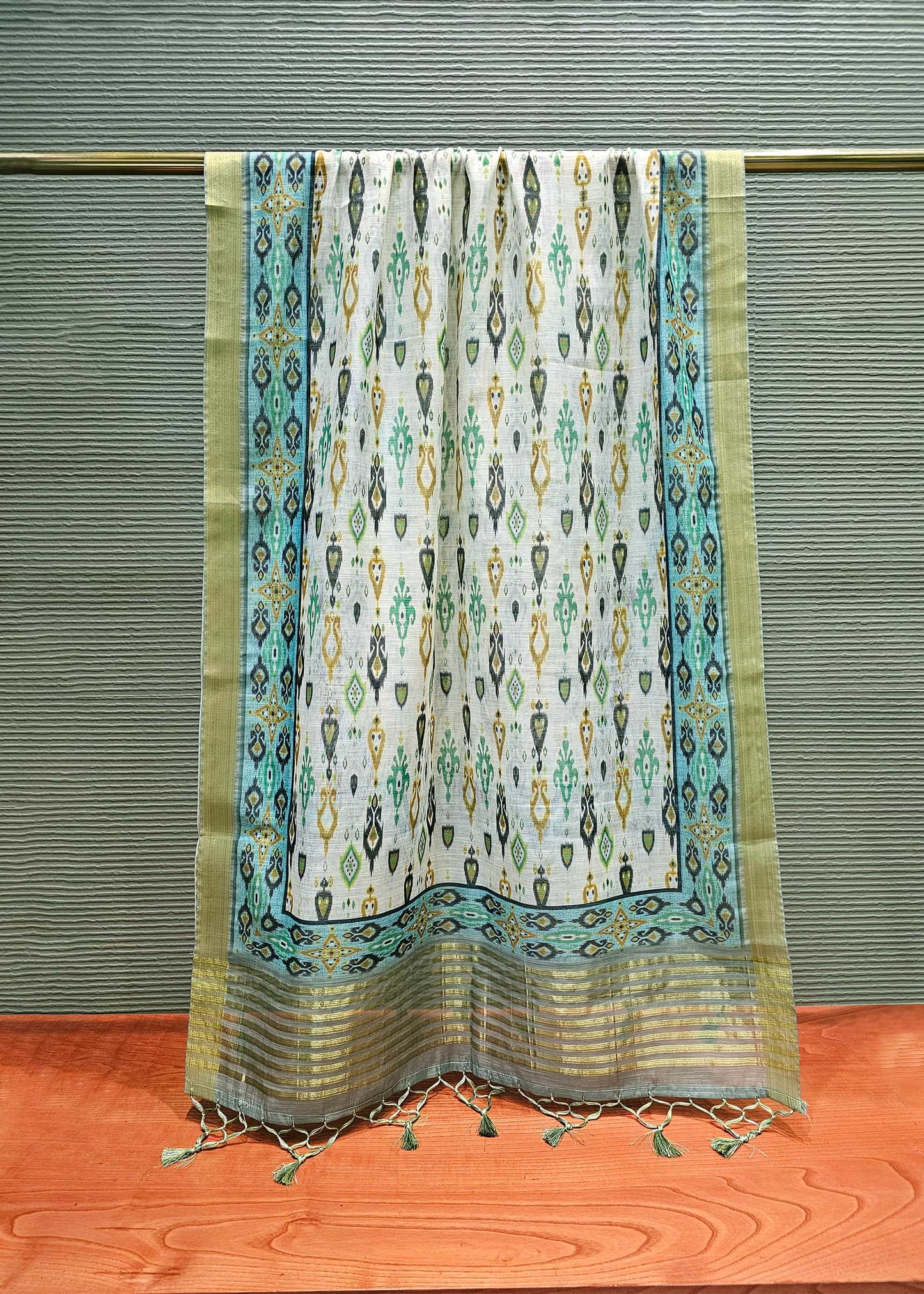Off White Batik Printed Zari Woven Border Linen Dupatta - Linen Dupatta D. No. 2102 Off White Full View Image