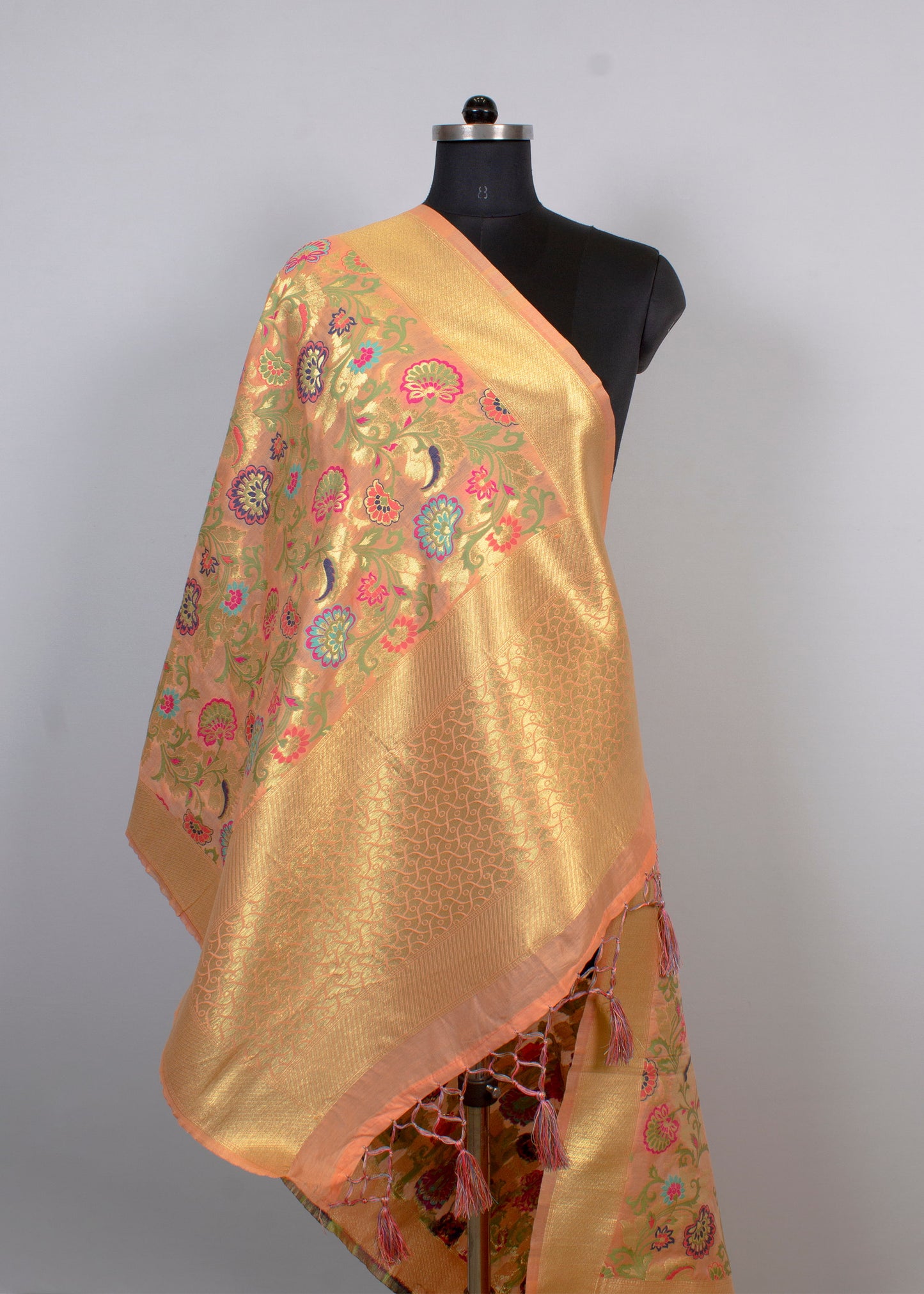 Orange Chanderi Stole with Exquisite Kalamkari Digital Print, Zari Woven Butta and Elegant Border - Chanderi Stole 4117 Orange Pose 2