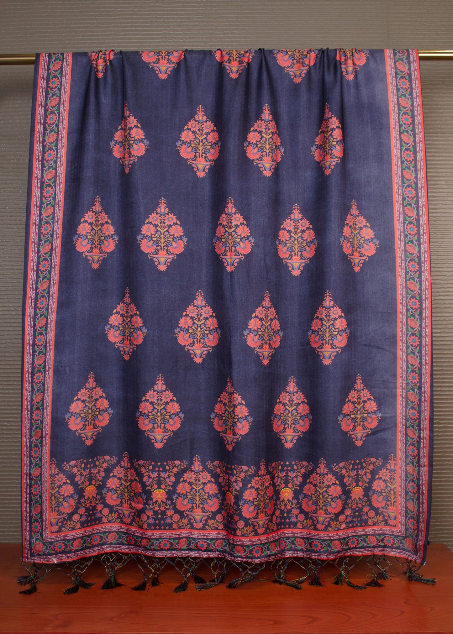 Pashmina Dupatta in Navy Blue Kalamkari Digital Print and Graceful Tassels - Pashmina Dupatta 3120 Navy Blue Pose 2