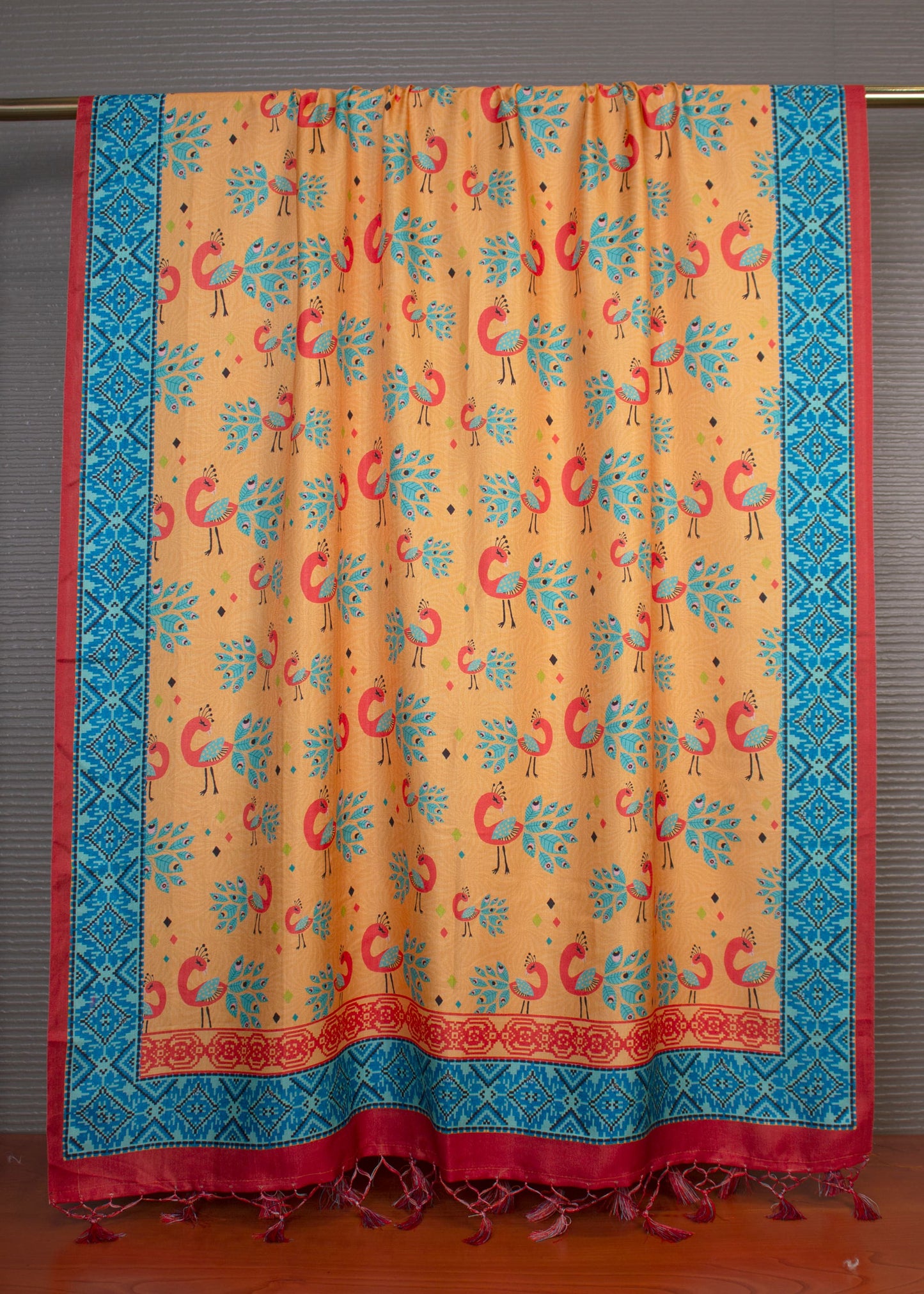 Pashmina Dupatta in Orange Yellow Featuring Intricate Kalamkari Prints and Tassels - Pashmina Dupatta 3111 Orange Yellow 2