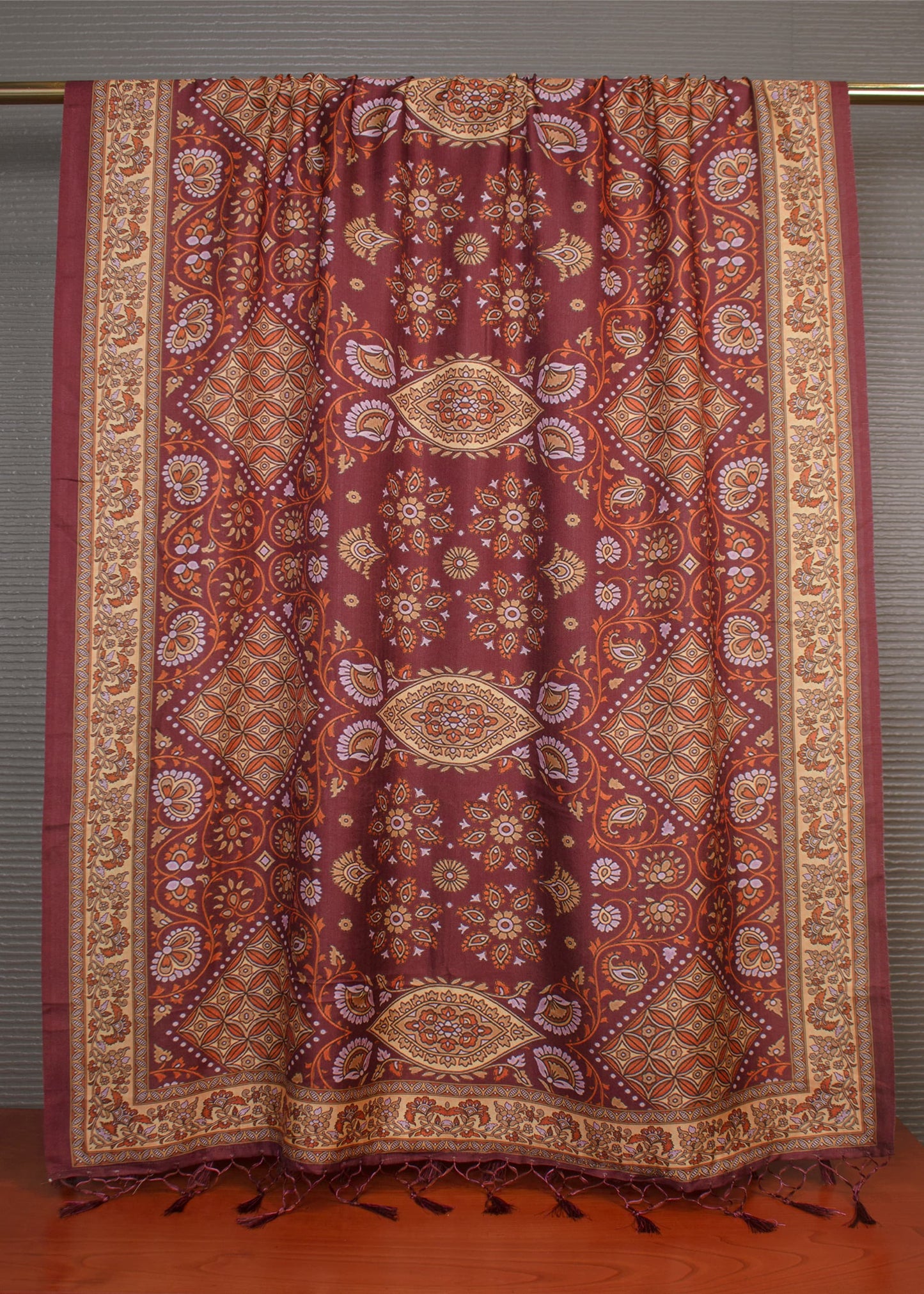 Pashmina Dupatta in Rust Adorned with Intricate Kalamkari Prints and Graceful Tassels - Pashmina Dupatta 3116 Rust Pose 2