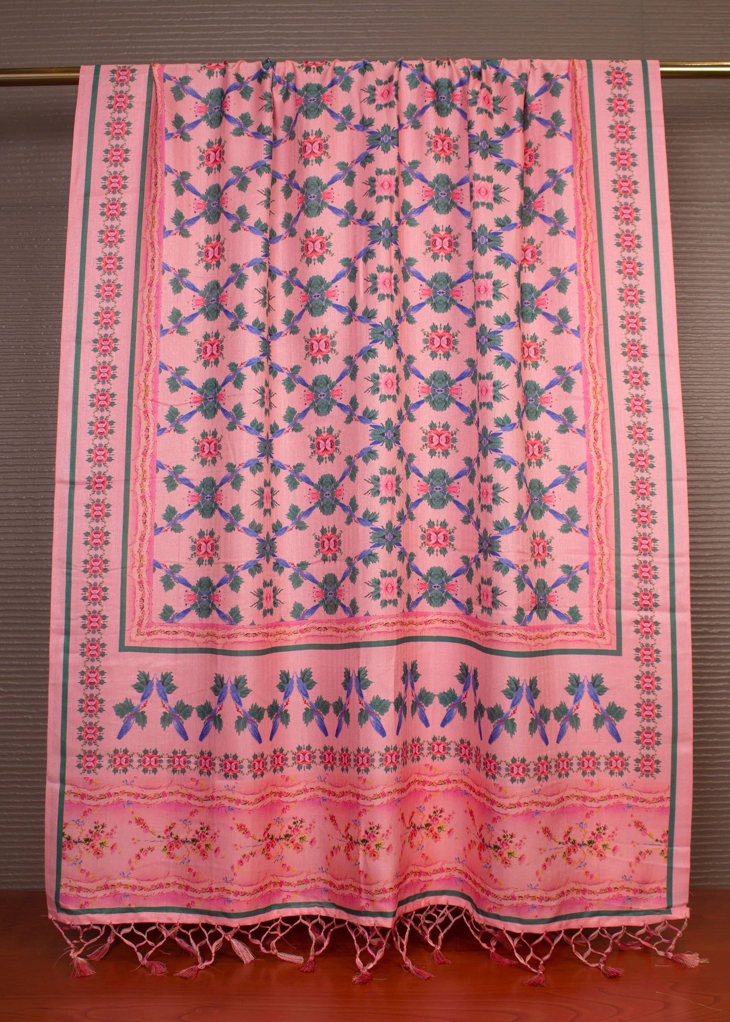 Pashmina Dupatta with Pink Floral Digital Prints and Elegant Tassels - Pashmina Dupatta 3117 Pink Modeling 2