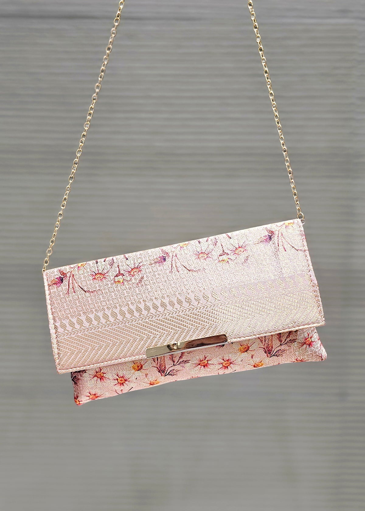 Pastel Peach Zari Woven Art Silk Clutch with golden Sling 1 - Clutch D.No.01 P9 hanging image
