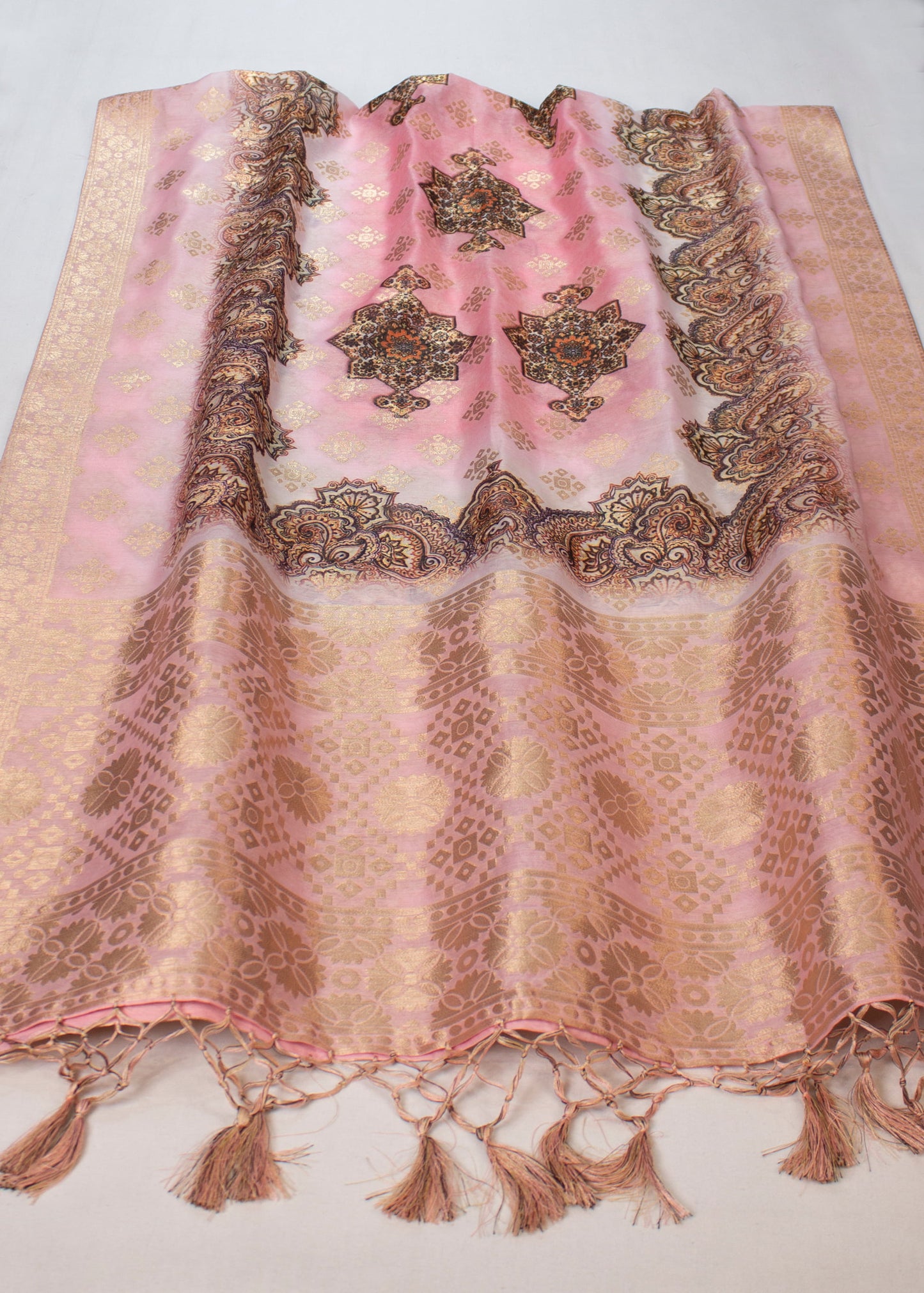 Pink Chanderi Stole Adorned with Digital Prints, Jacquard Zari Butta, and Ornamental Border - Chanderi Stole 4110 Pink Pose 2