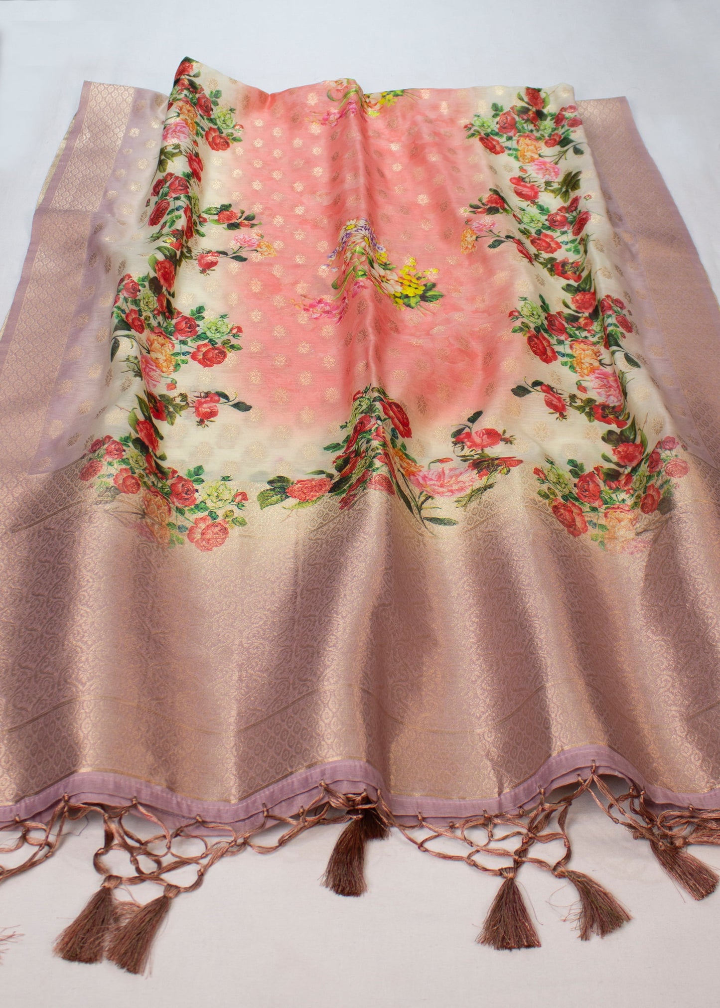 Pink Floral Chanderi Stole with Digital Print, Jacquard Zari Butta, and Stylish Tassels - Chanderi Stole 4111 Pink Pose 2