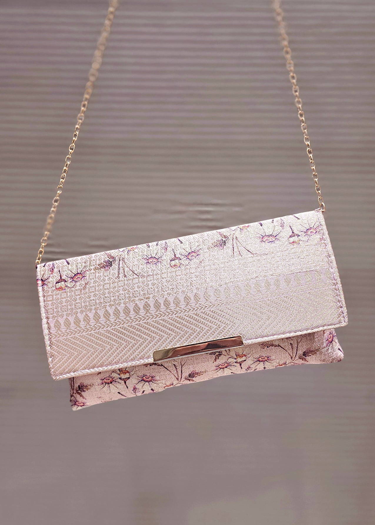 Pink Lavender Zari Woven Art Silk Clutch with golden Sling 1 - Clutch D.No.01 P5 Hanging Image