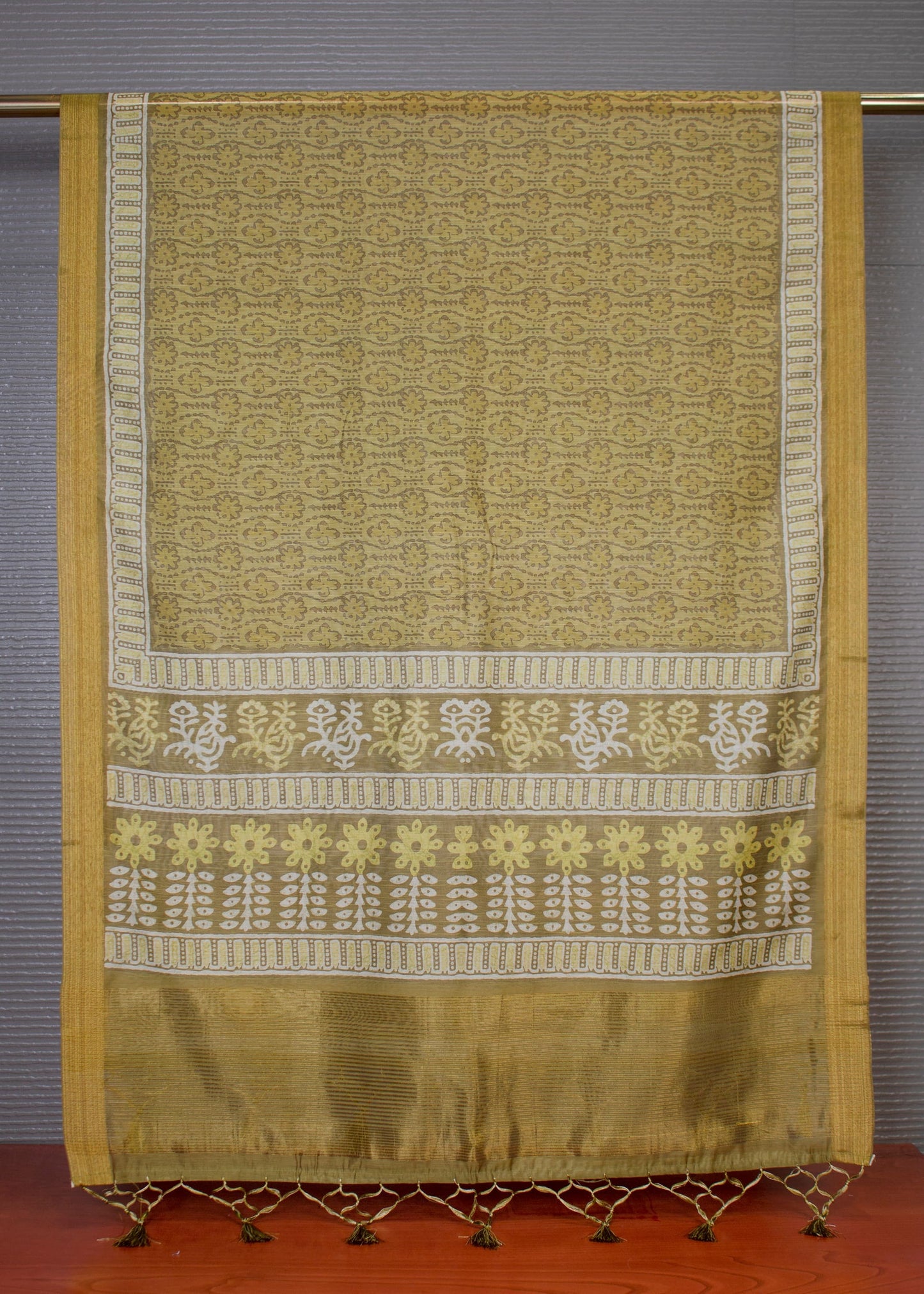 Pista Hard Linen Dupatta with Ethnic Motif Prints, Zari Woven Border, and Elegant Tassels - Hard Motif 2107 Pista 2
