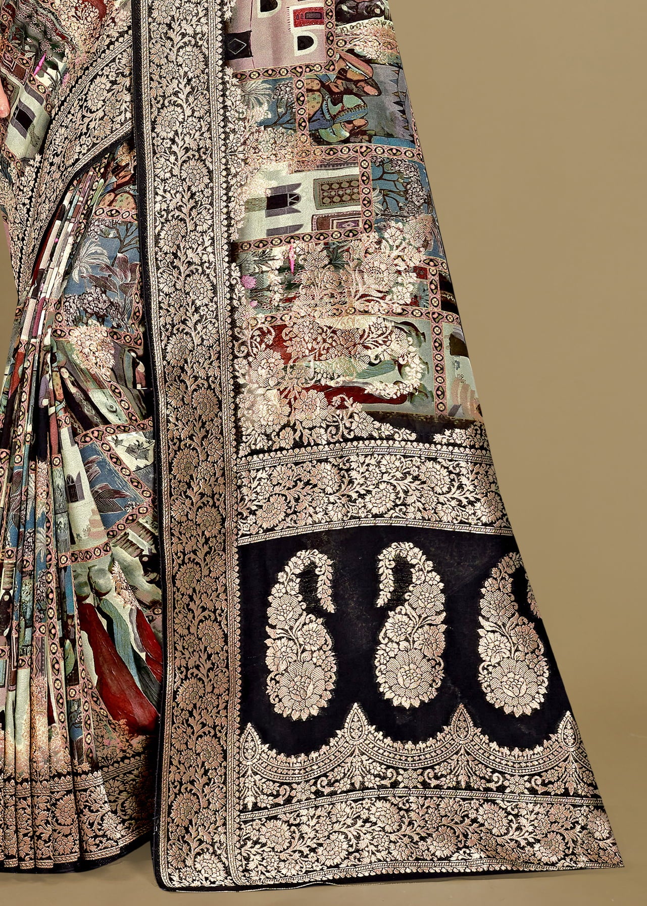 Pure Georgette Saree in Multicolor with Ethnic Digital Designs, Zari Borders, and Butta Work - Inaya Silk 42000 Multicolor Image 3