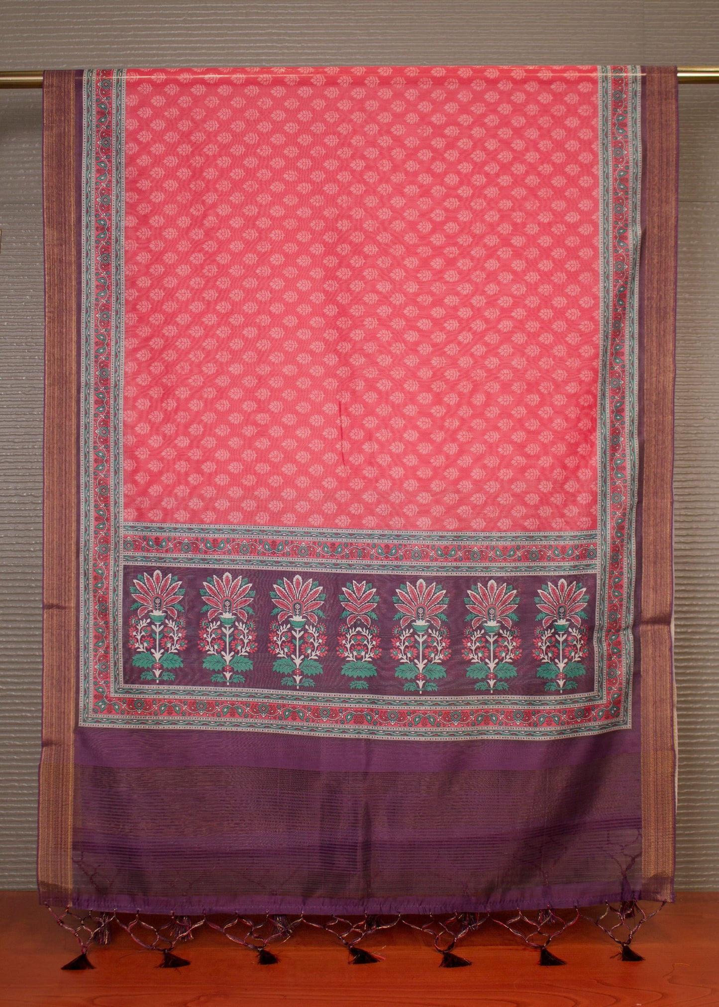 Rani Pink Hard Linen Dupatta Adorned with Traditional Motif Prints, Zari Woven Border and Tassel Details - Hard Linen 2114 Rani Pink 2