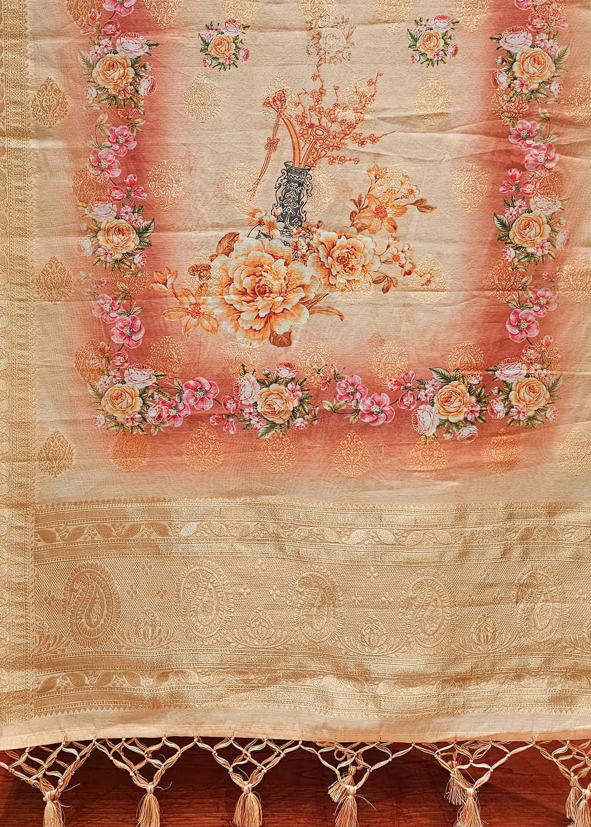 Rust Floral Digital Printed Chanderi Stole with Jacquard Zari Butta - Chanderi Stole D. No. 4102 Rust Zoom View Image