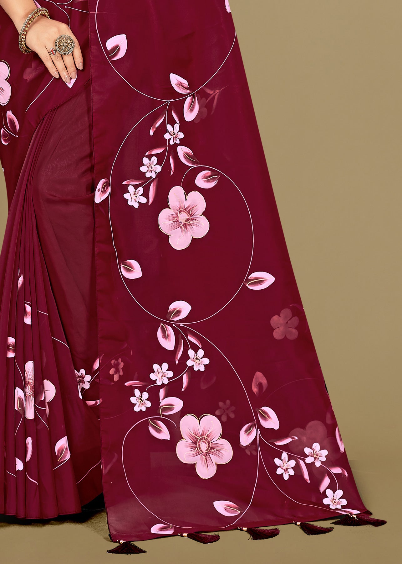 Satin Organza Wine Saree with Rich Floral Hand Painting and Delicate Foil Work - Butterfly Prints 8023 Wine Pallu View