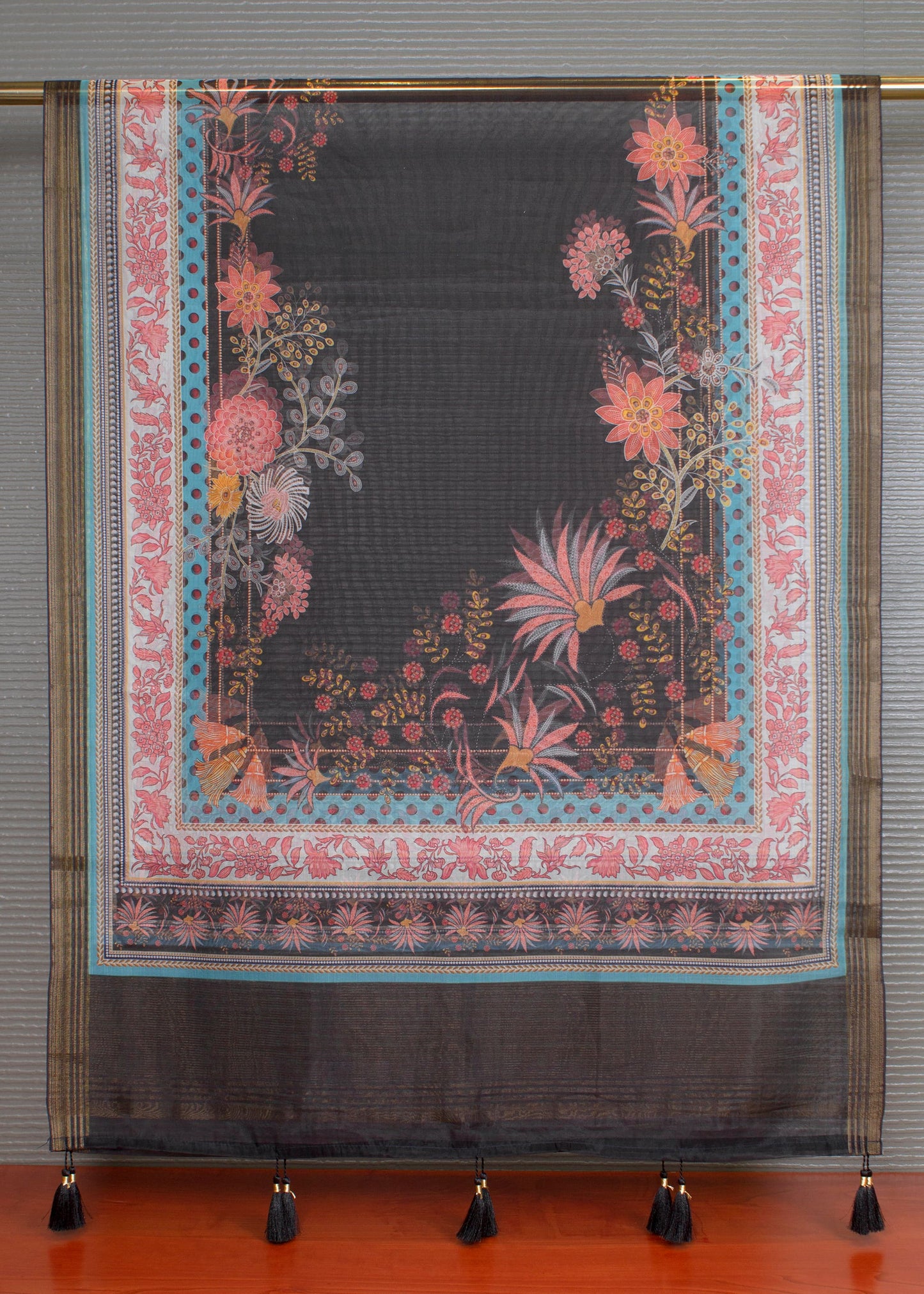 Sheer Black Organza Dupatta with Intricate Kalamkari Digital Print and Tassels - Organza Dupatta 9106 Black Pose 2