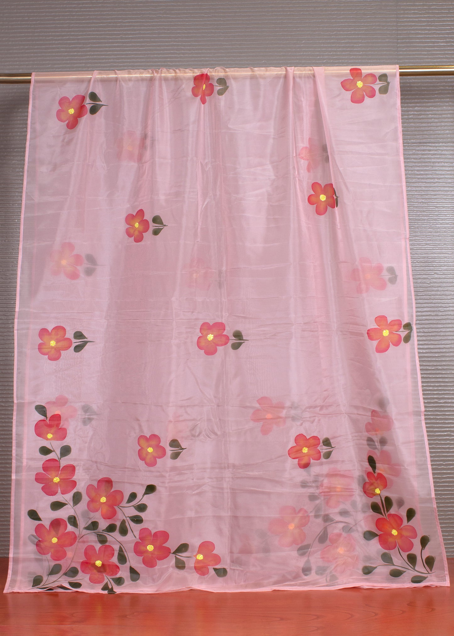 Sheer Organza Dupatta in Peach with Artistic Hand-Painted Florals and Intricate Embellishments - Trinkal 106 Peach Full View