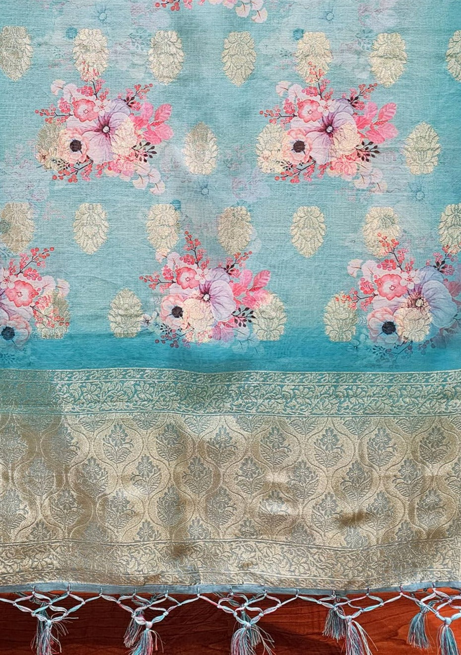 Sky Blue Floral Digital Printed Chanderi Stole With Zari Jaal Work - Chanderi Stole D. No. 4106 Sky Blue Zoom View Image