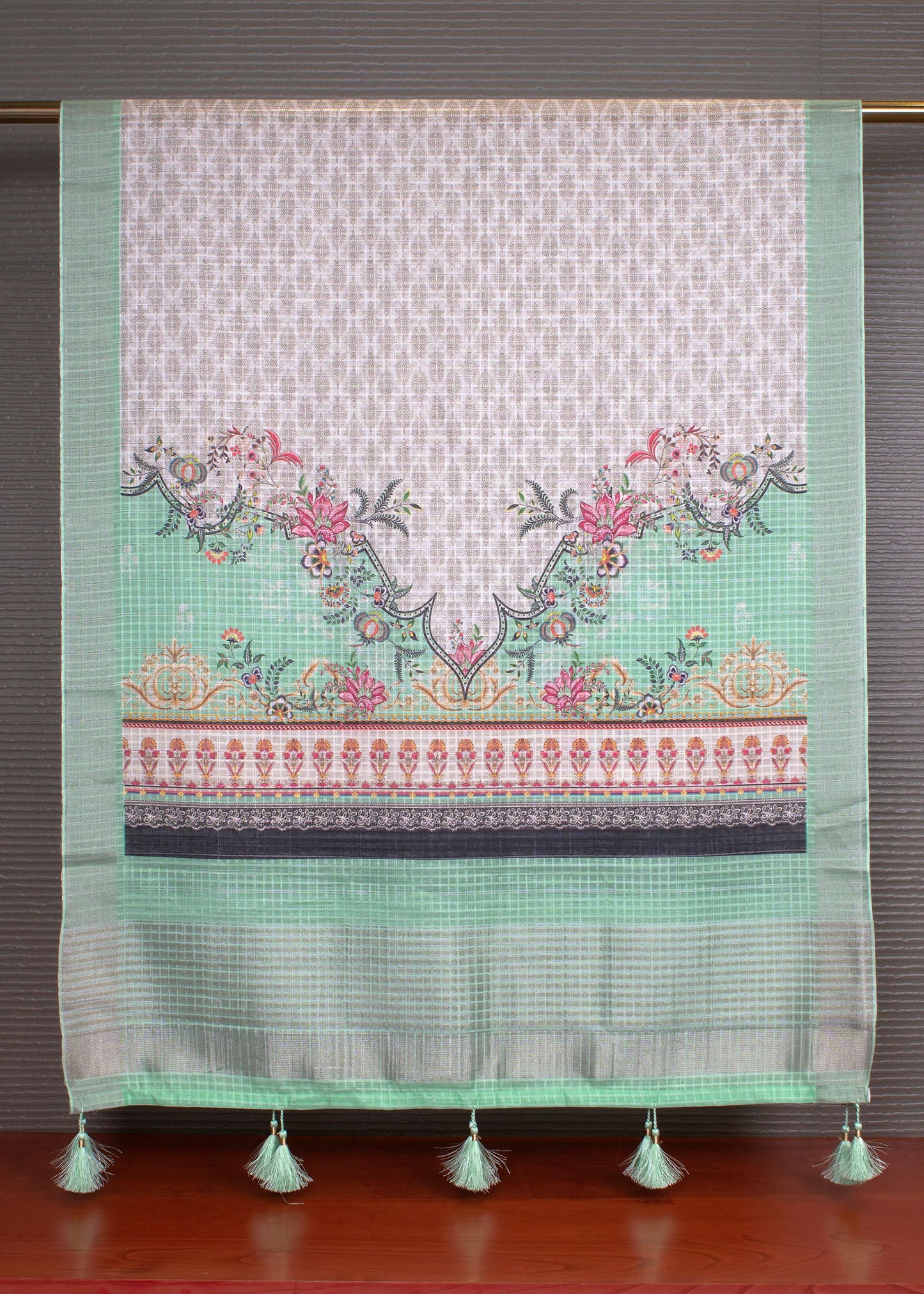 Sky Green Linen Dupatta Featuring Kalamkari Digital Prints and Tassels - Linen 2129 Sky Green Pose 2