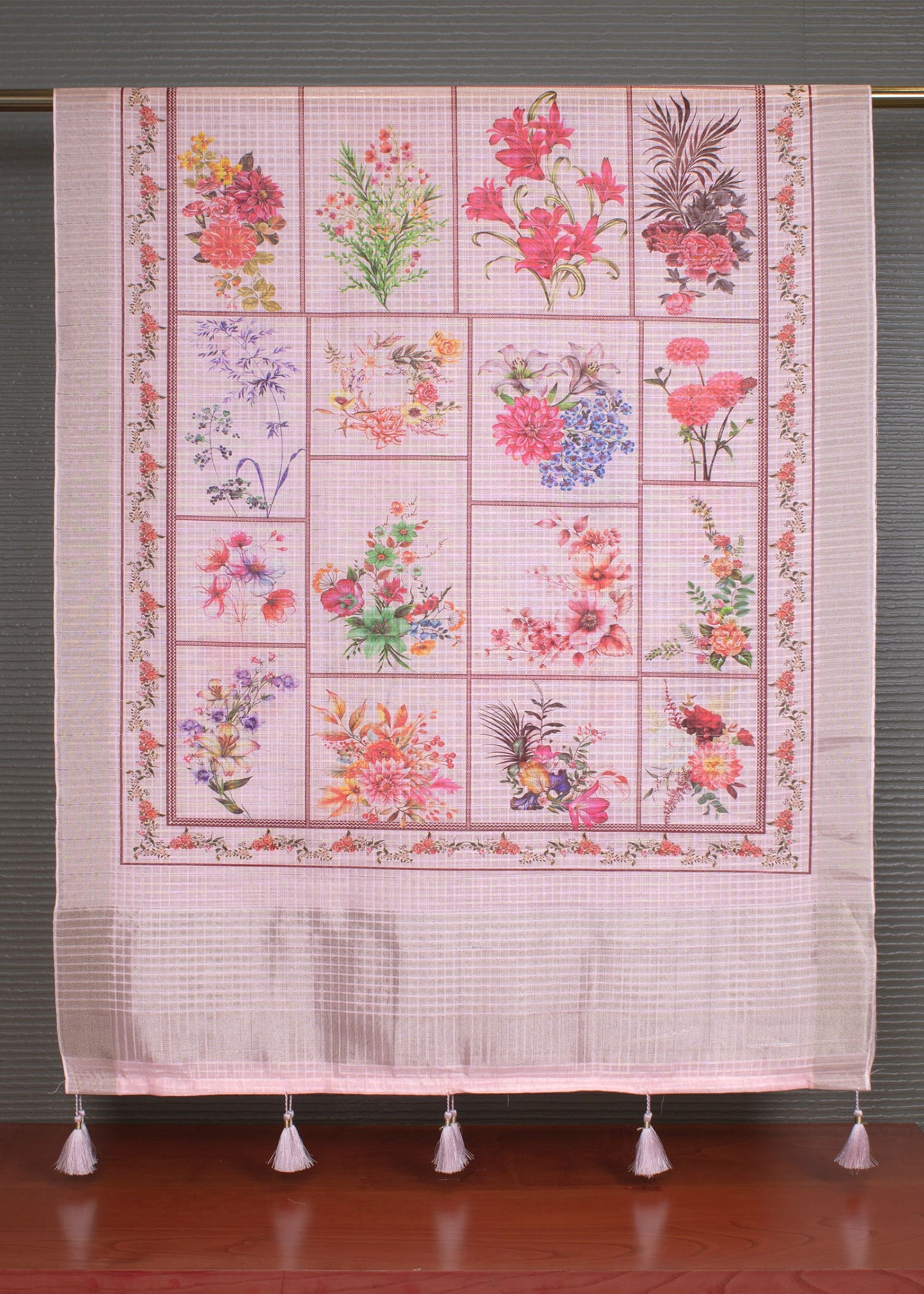 Soft Linen Dupatta in Rose Pink with Intricate Floral Digital Prints and Flowing Tassels