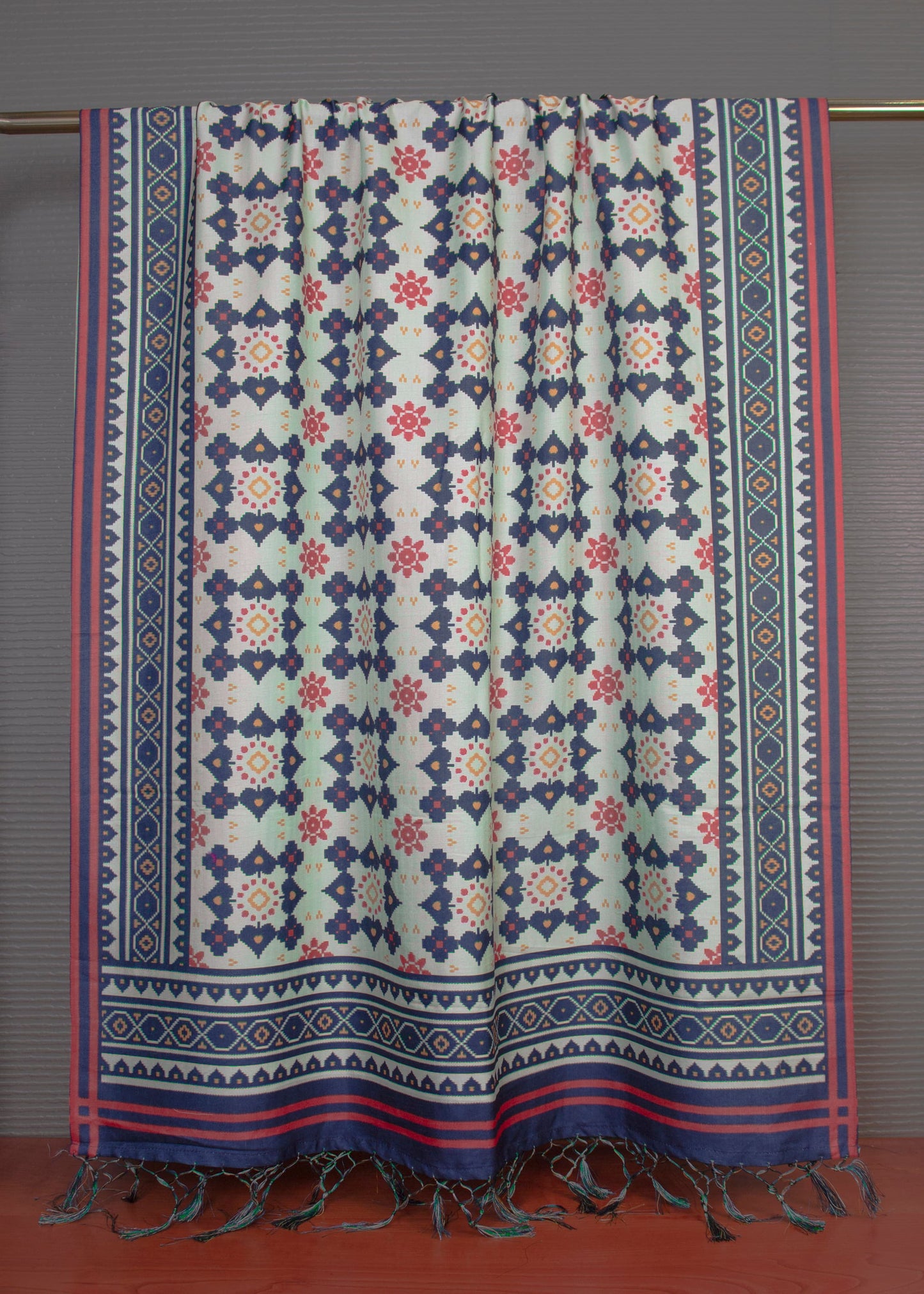 Soft Pashmina Dupatta with Intricate Sky Green Patola Prints and Tassel - Pashmina Dupatta 3110 Sky Green Pose 2