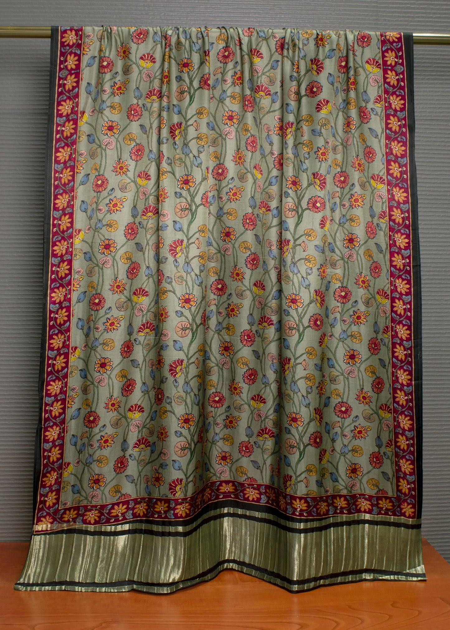 Soft Pista Green Pure Gaji Silk Dupatta Featuring Floral Prints and Zari Border - Pure Gaji Silk Dupatta 1110 Pista Full View