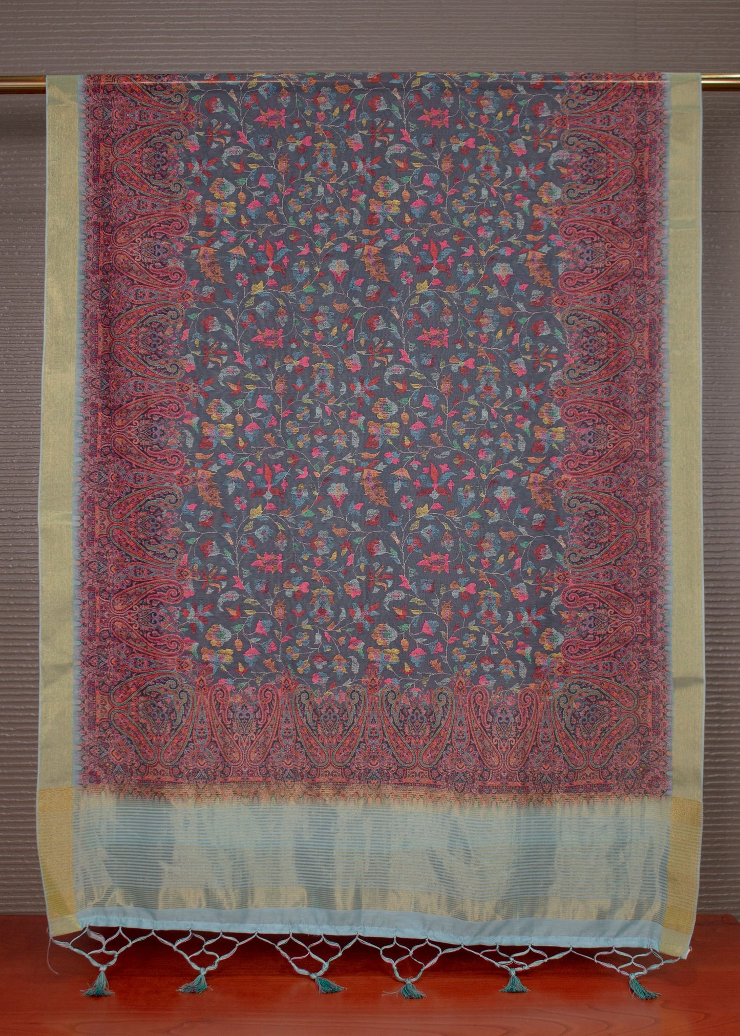 Teal Kashmiri Digital Printed Dupatta in Soft Linen Adorned with Zari Woven Border and Tassels