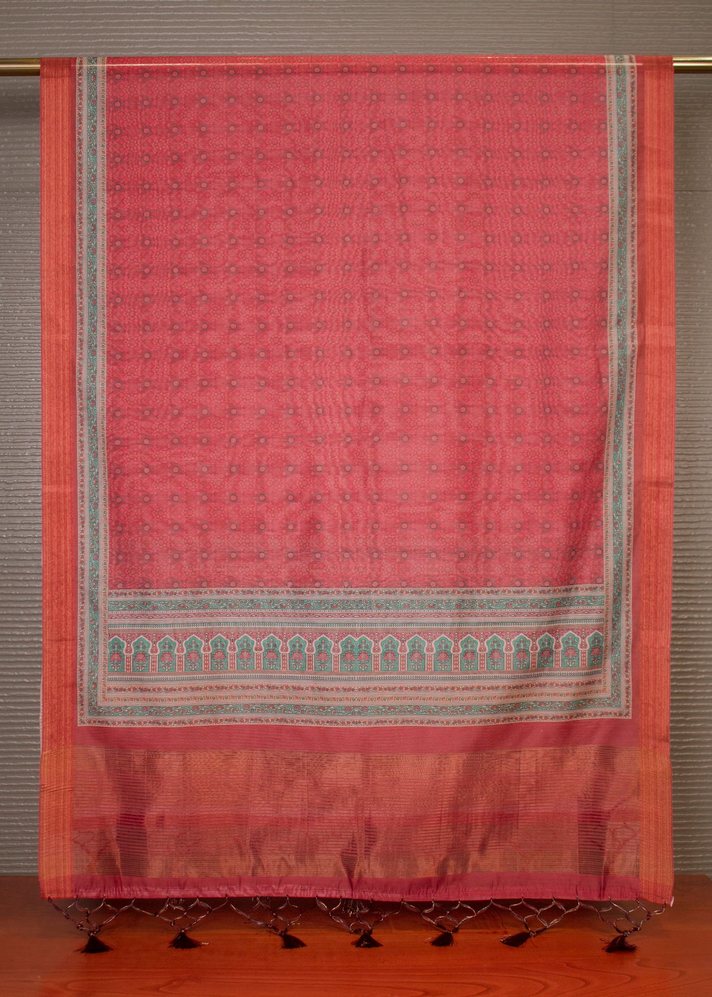 Traditional Motif Printed Maroon Hard Linen Dupatta with Zari Woven Border and Tassels - Hard Linen 2118 Maroon Pose 2