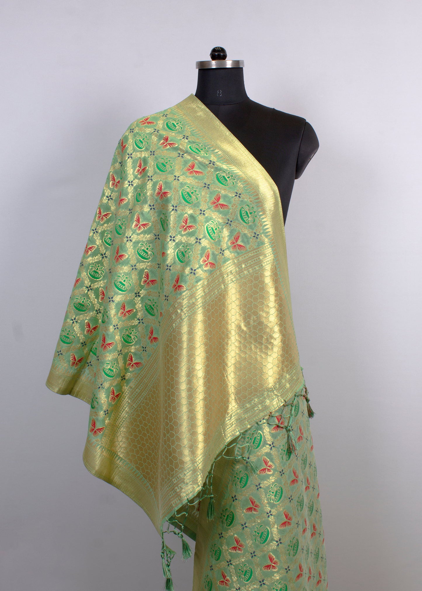 Traditional Pista Chanderi Stole with Ethnic Digital Prints, Luxurious Zari Woven Jaal Work, Butta and Border Detailing