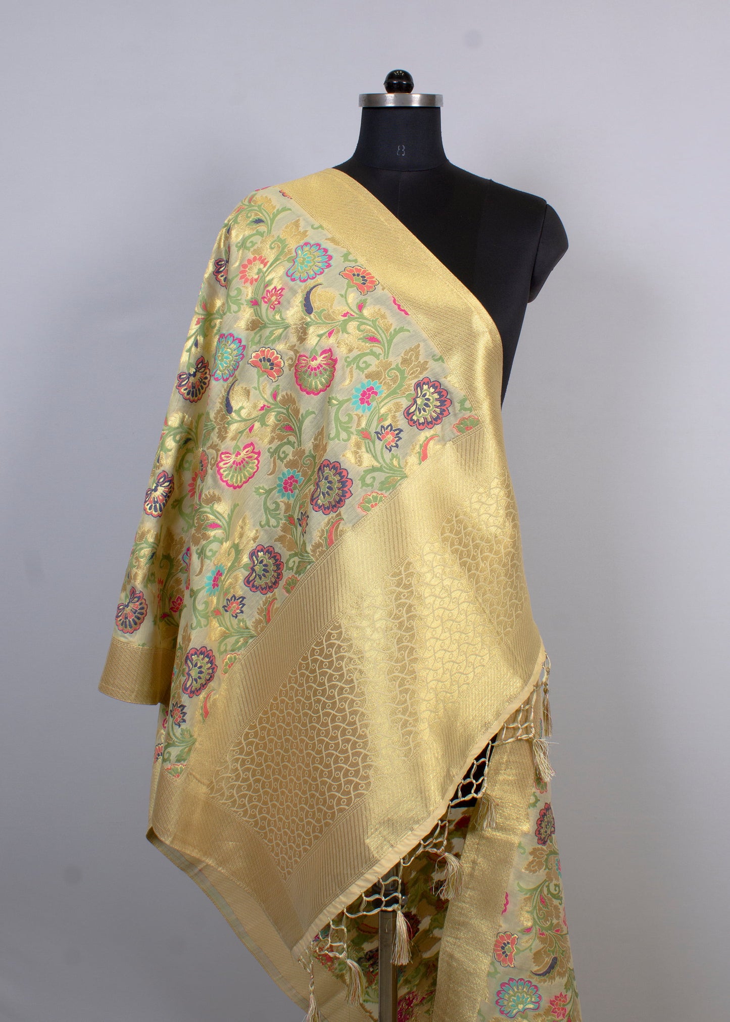 Vibrant Cream Chanderi Stole Adorned with Kalamkari Digital Prints, Zari Butta Accents and Border - Chanderi Stole 4115 Cream Second Image