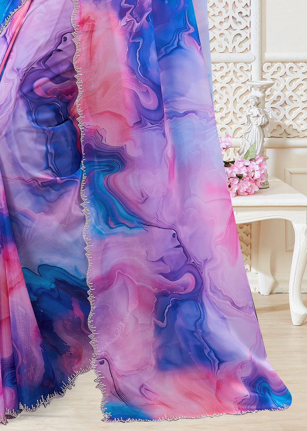 Vibrant Multicolor Organza Saree with Digital Abstract Prints and Stone-Adorned Border - Panton Prints 41066 - Multicolor Image 3
