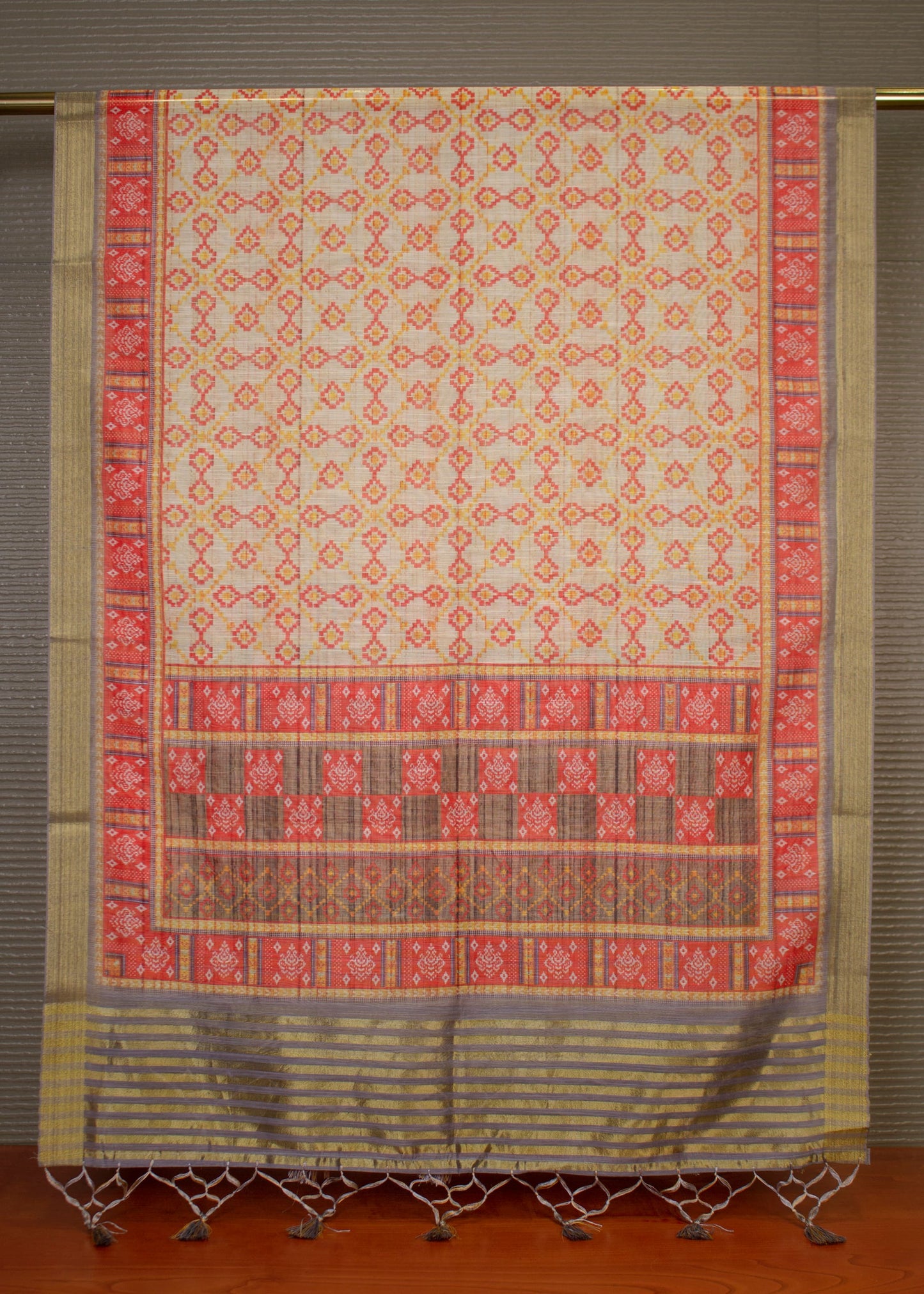 Vibrant Multicolor Patola Hard Linen Dupatta Adorned with Digital Prints, Zari Woven Border and Elegant Tassels - Hard Linen 2110 Multicolor 2