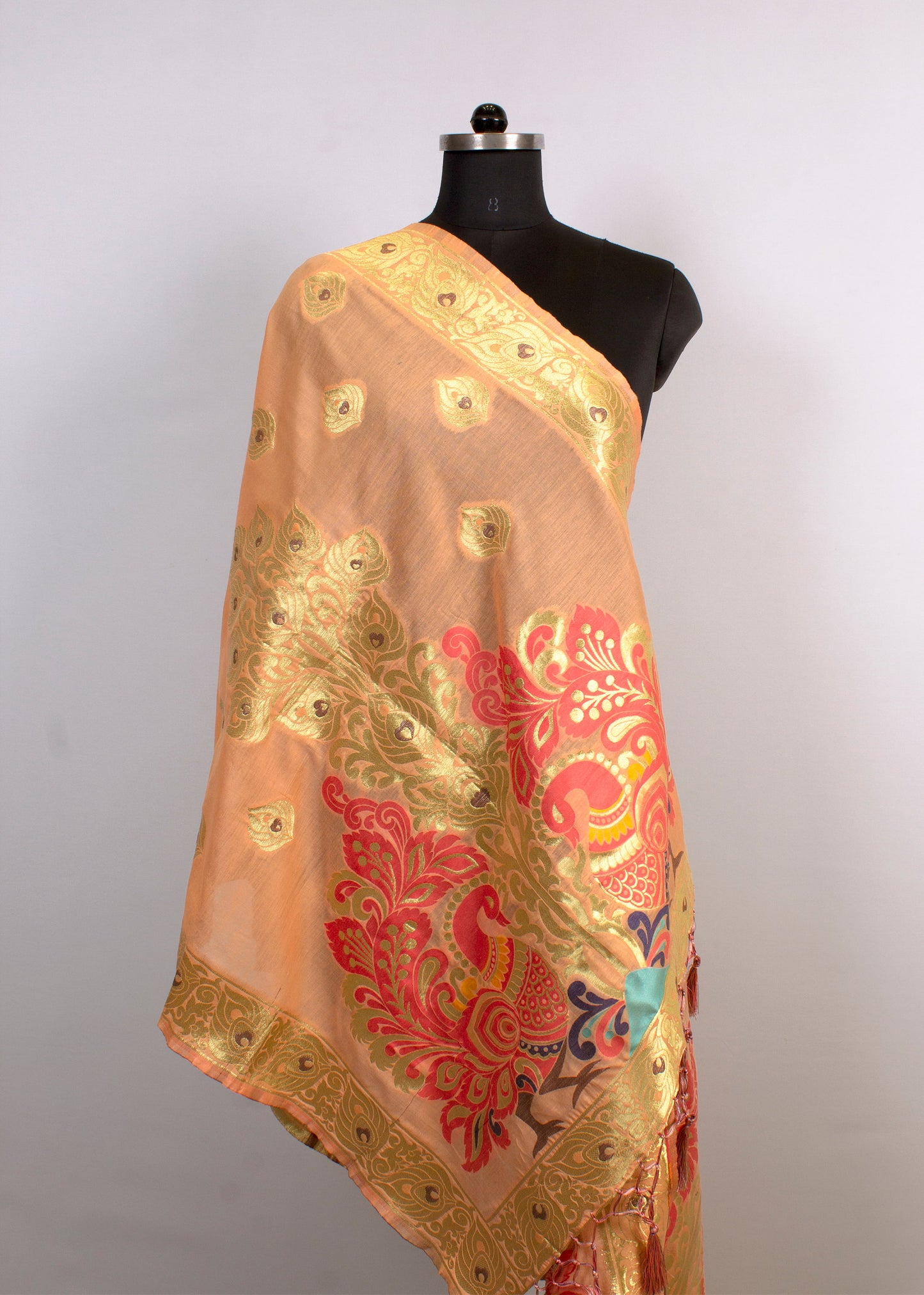 Vibrant Orange Chanderi Stole with Artistic Kalamkari Digital Print, Zari Butta and Refined Border - Chanderi Stole 4125 Orange Full Image View