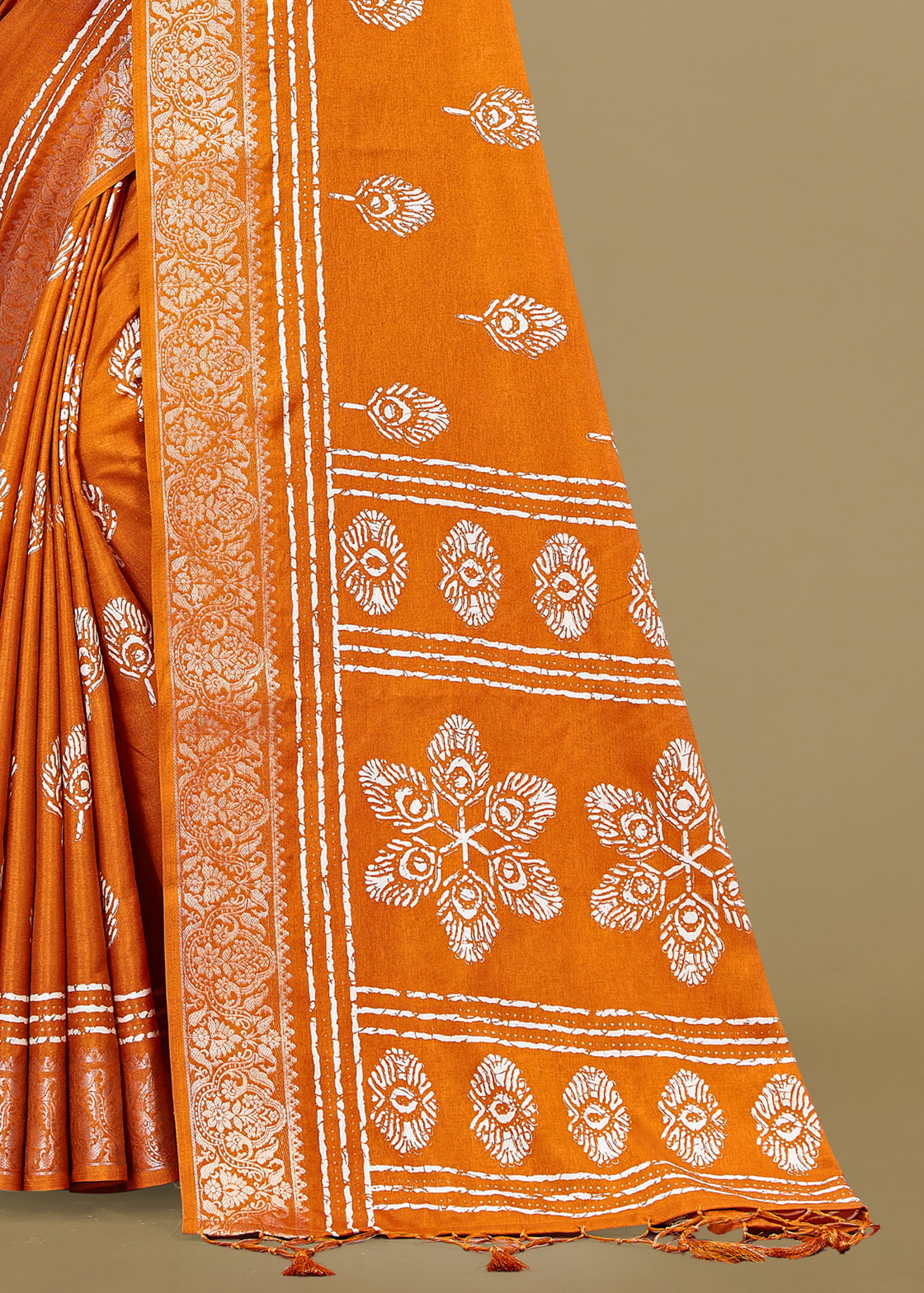 Vibrant Orange Cotton Saree with Ethnic Motif Prints, Foil Detailing, and Zari Woven Border - Madras Silk 22061-C Orange Modeling 4