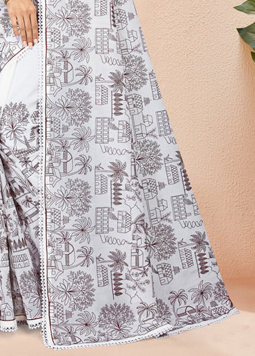 White Dyed Crushed Organza Saree with Full Embroidery Thread Work and Crochet Lace - Titanium Silk D.No. 5124-B White Third Saree Pose