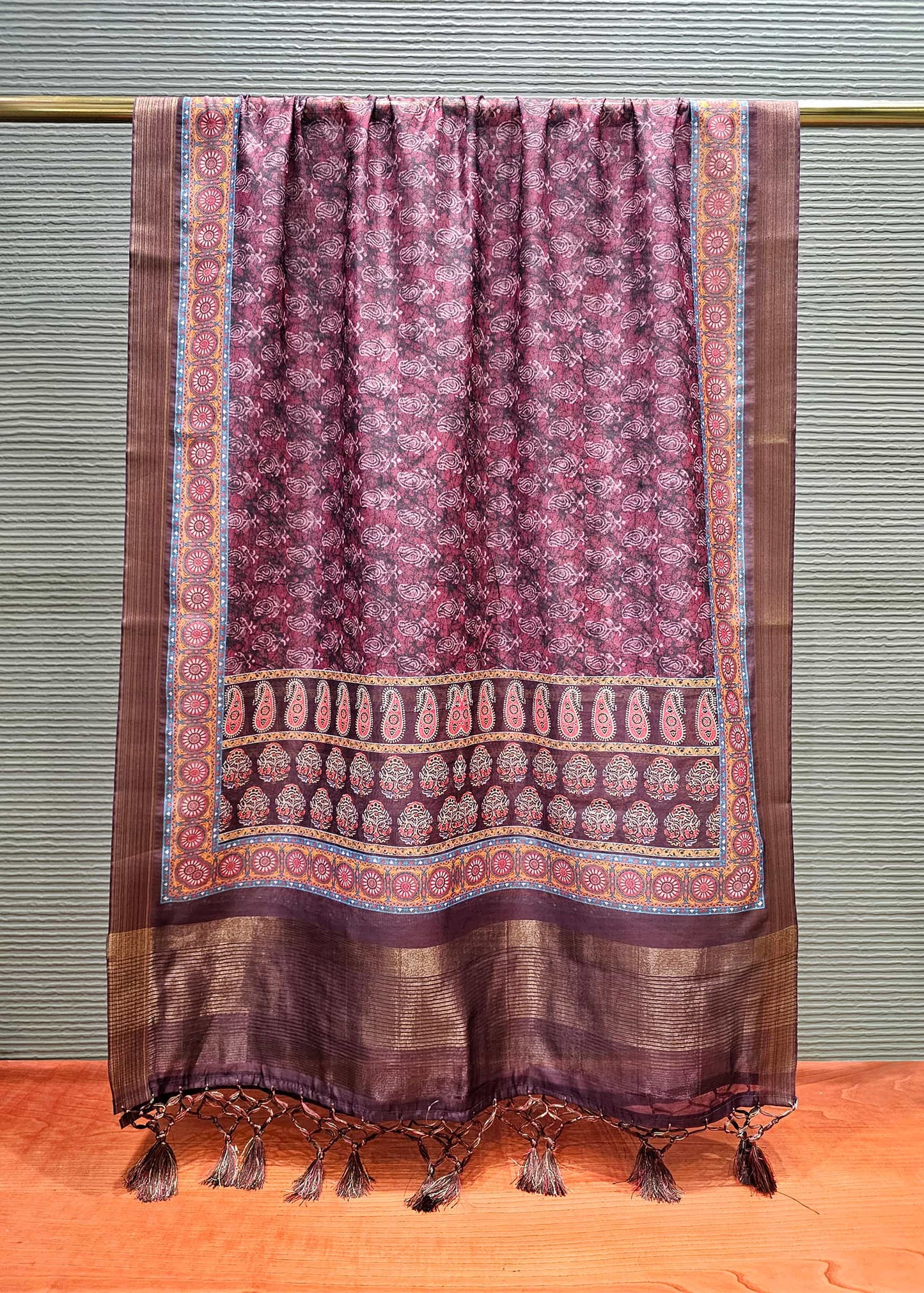 Wine Ajrakh Printed Zari Woven Border Linen Dupatta - Linen Dupatta D. No. 2105 Wine Front View Image
