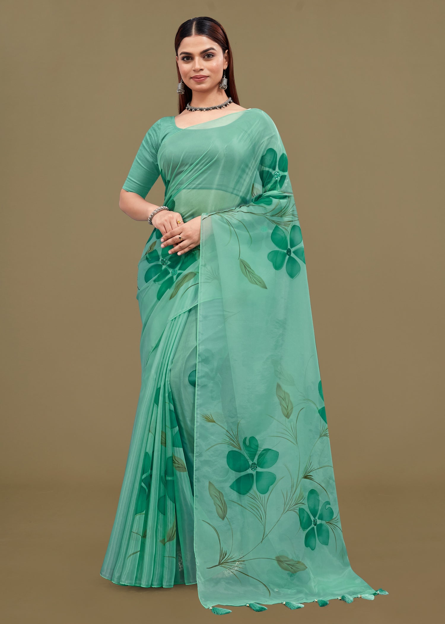 Crystal-Embellished Jade Green Handpainted Fine Organza Saree with Tassels - Titli Print D.No. 15003 Jade Green
