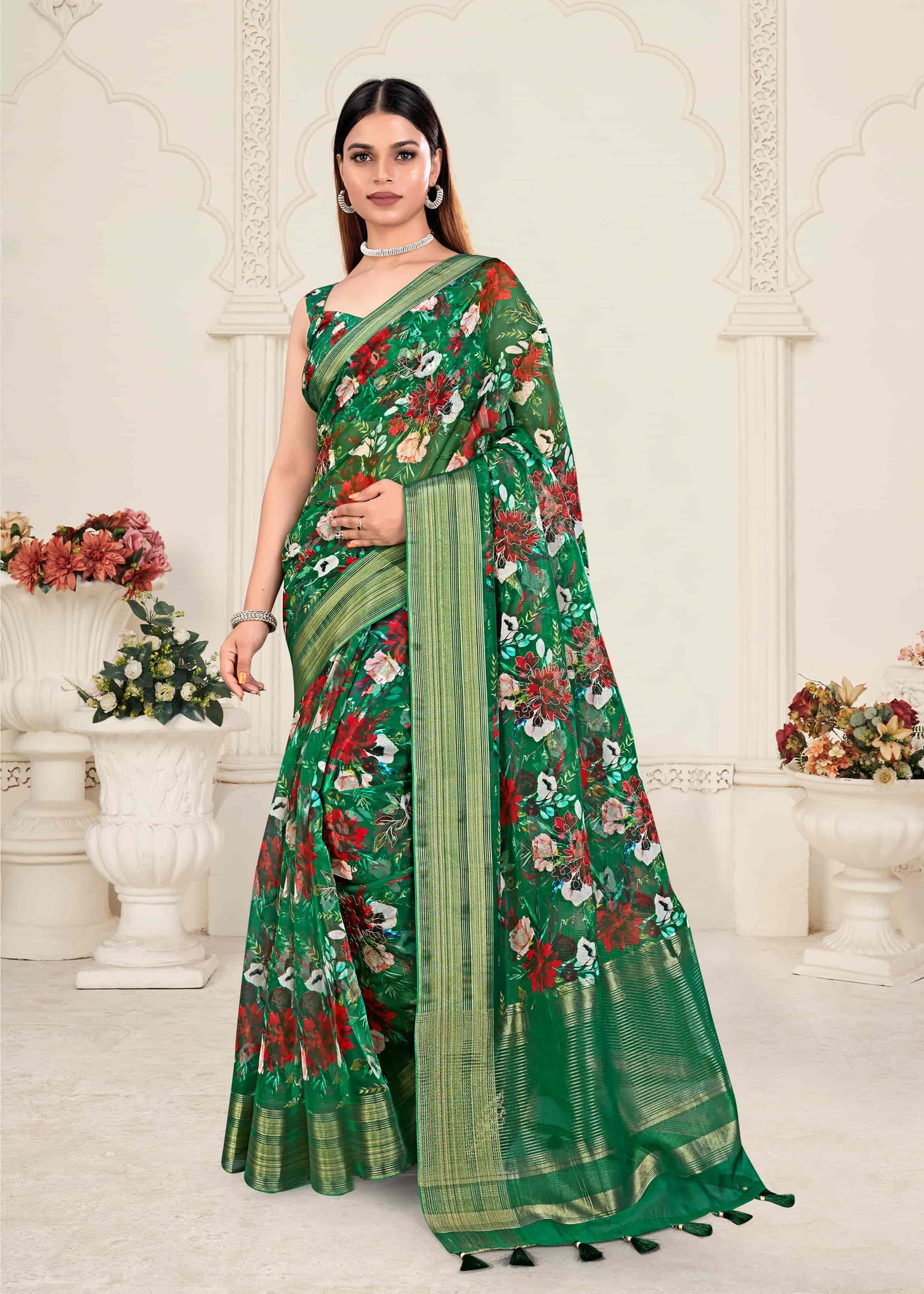 Green Cotton, Chiffon, Georgette, Organza Saree with Contrasting Border